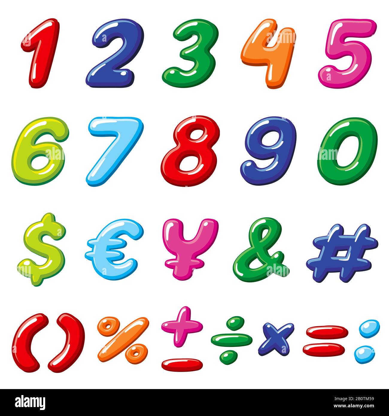 Vektor Regenbogenbonbons und glanzvolle lustige Cartoon-Kinder-Alphabetsymbole. Cartoon-Nummernschrift bunt für die Illustration von Kindern im Bildungsbereich Stock Vektor