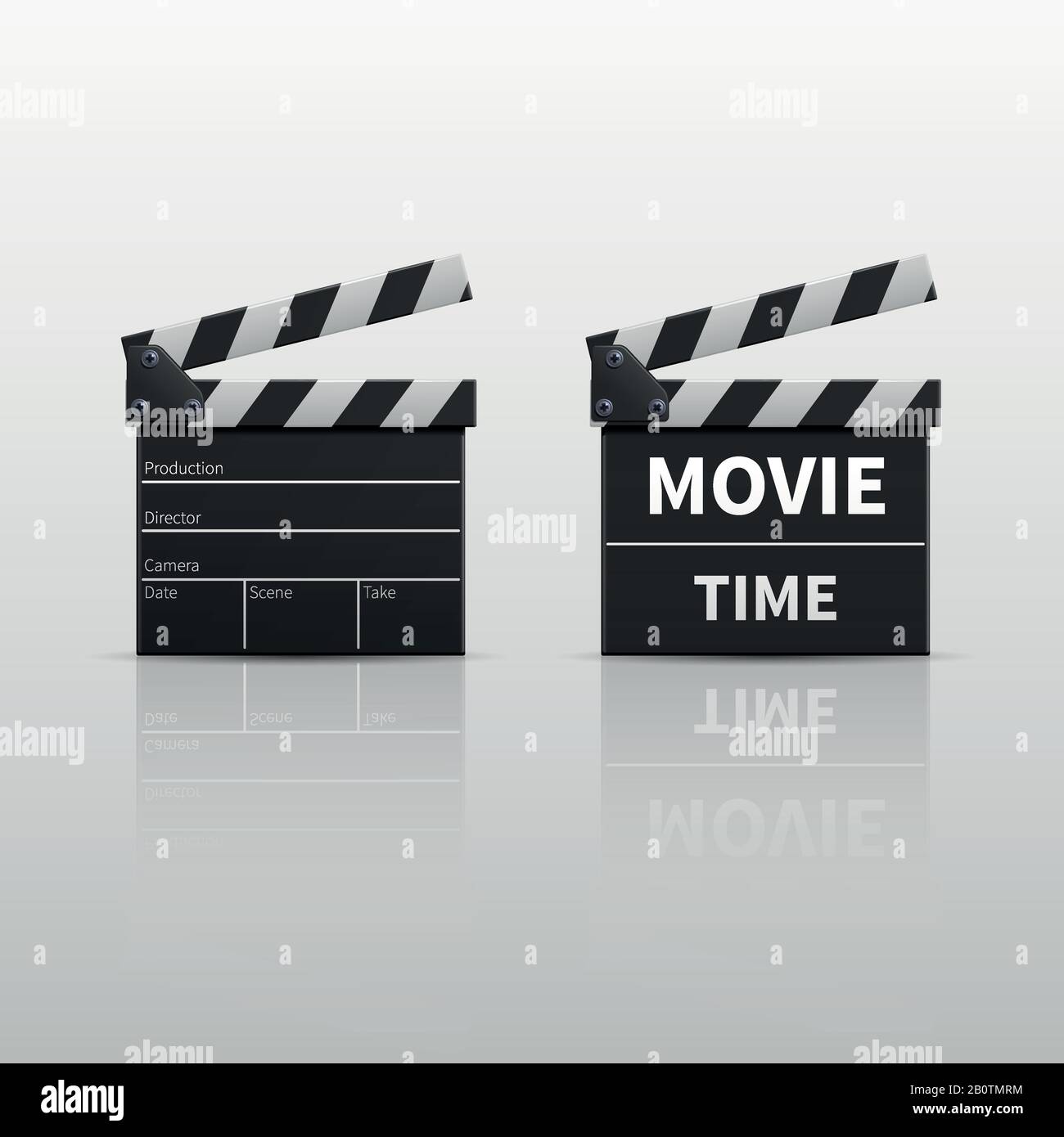 Filmklapperboard oder Filmklapper isoliert auf weißer Vektorgrafik. Clapperboard für Videoclip, Board Clap für Produktionsfilm Stock Vektor