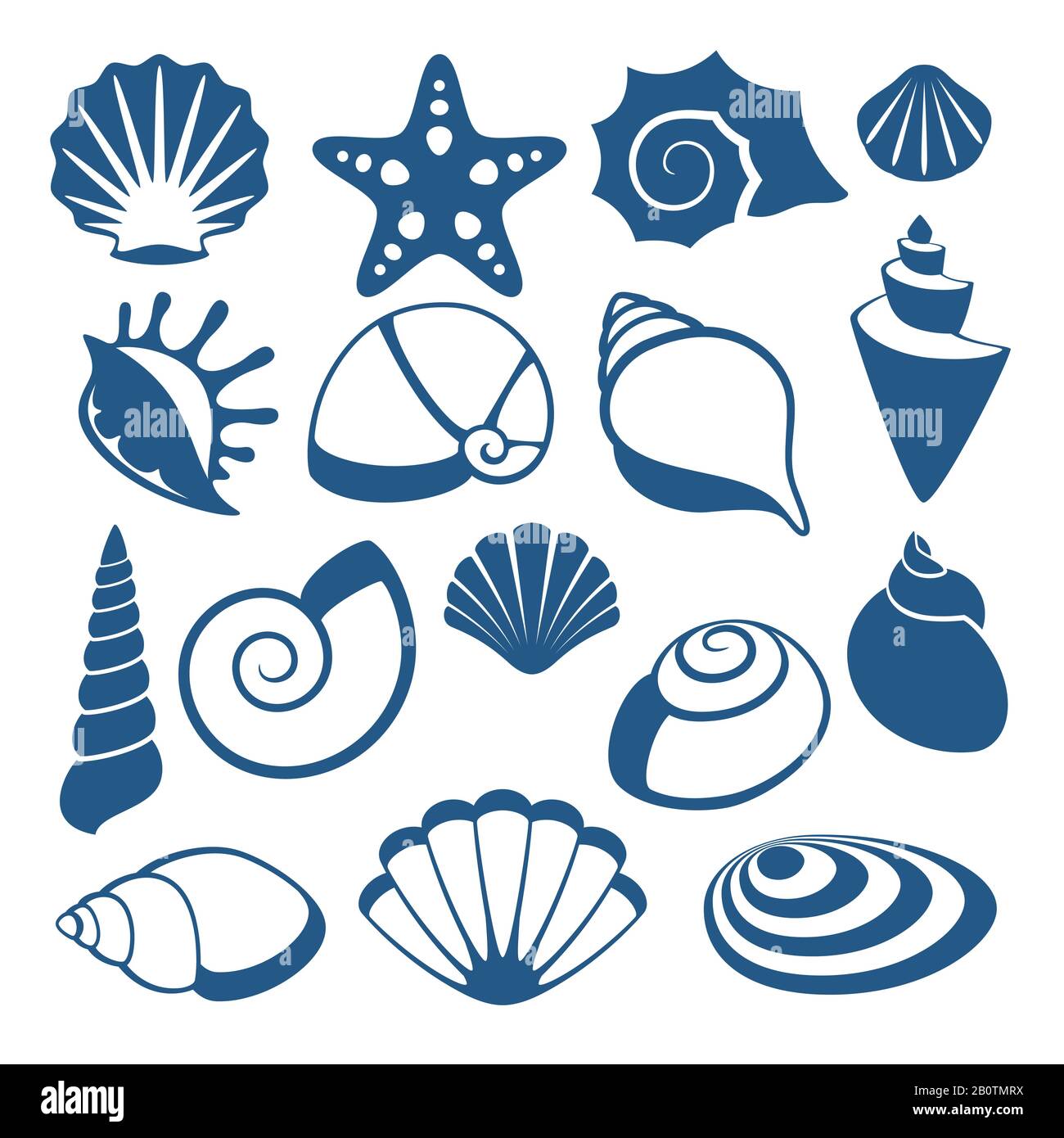 Symbole für die Silhouette der Meerhell-Vektoren. Seeschalenspirale, Abbildung des Skizzencockleshell Stock Vektor