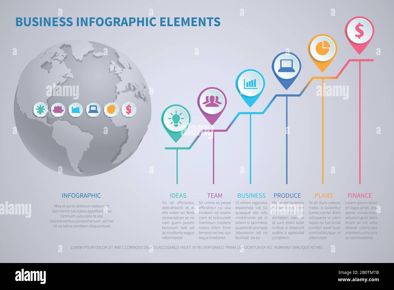 Moderne Infografievorlage zur Globalisierung von Vektorunternehmen mit 3D-Weltkugel und Diagrammen. Weltanschaulichung von Weltanschauungs- und Globalisierungs-Diagrammen Stock Vektor