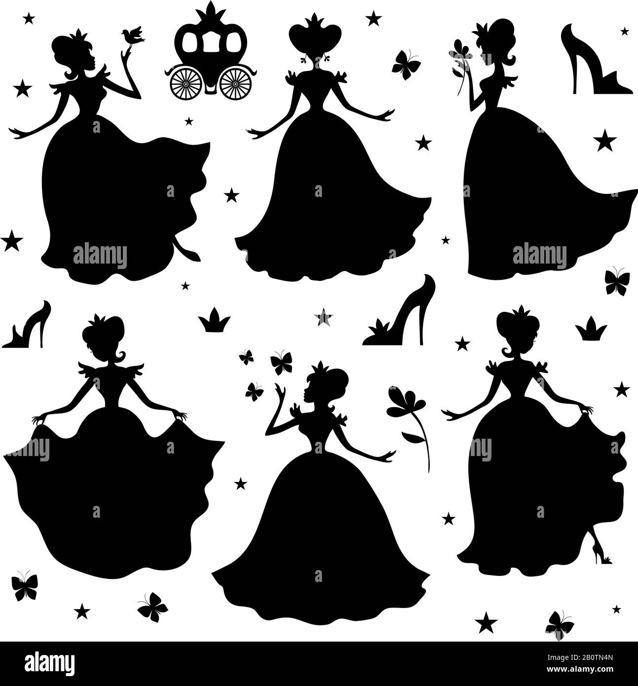 Kleine Prinzenvektor-Silhouetten. Schwarze Silhouetten-Illustration für Mädchen Prinzessin isoliert auf weißem Hintergrund Stock Vektor