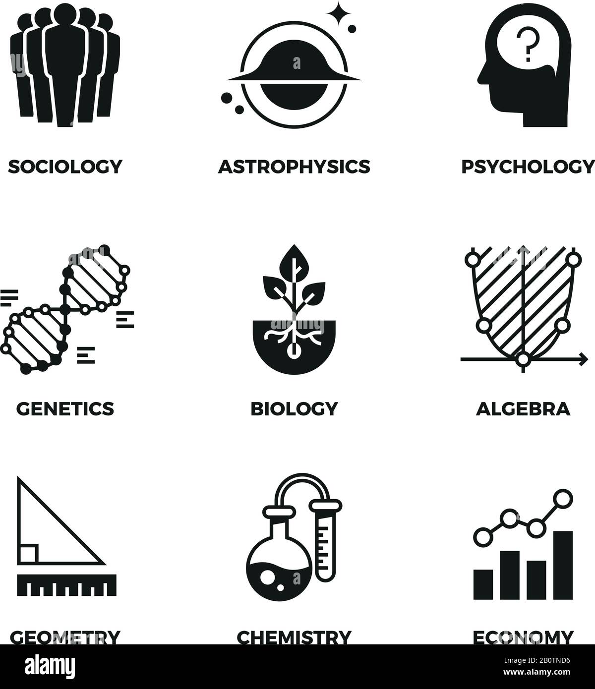 Wissenschaftliche Vektorsymbole festgelegt. Genetik und Wirtschaft, Algebra und Chemie. Geometrie und Biologie, Psychologie und Astrophysik, Soziologiesymbole. Monochrome Illustration Zeichen der wissenschaftlichen Disziplin Stock Vektor