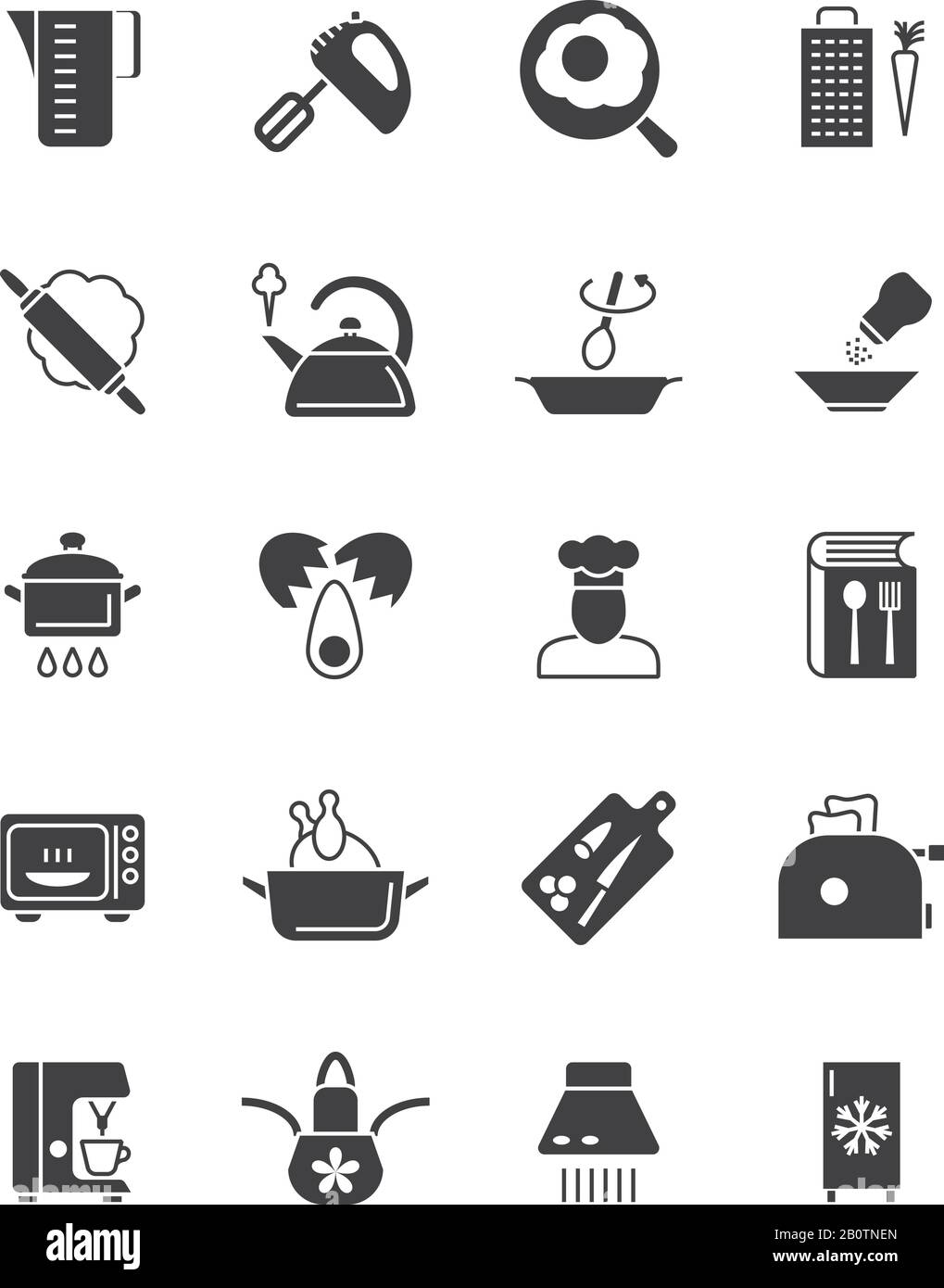 Kochgeräte und Küchengeräte schwarze Silhouetten-Vektorsymbole. Silhouette des Kochutensils, Werkzeugkochtopf und Topfabbildung Stock Vektor