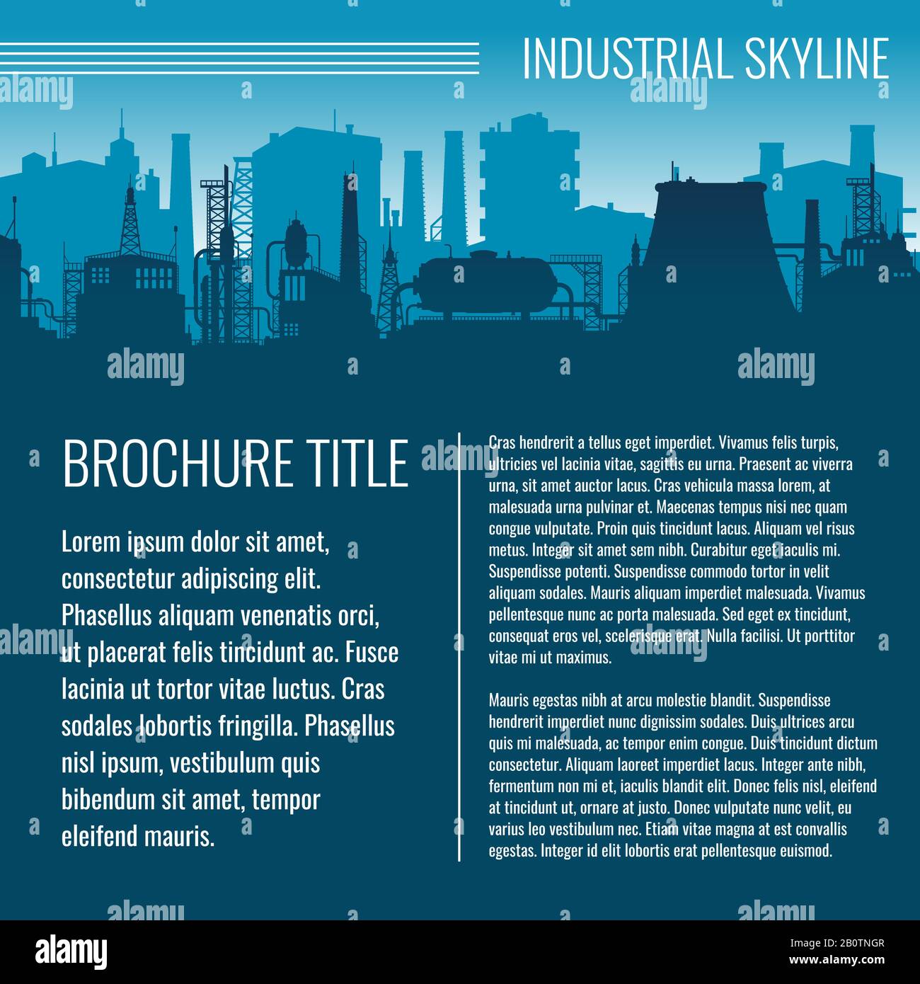 Business Template-Design für Industrievektoren mit Werkssilhouette und Text. Broschüre zum Industriegebiet Produktion Stock Vektor