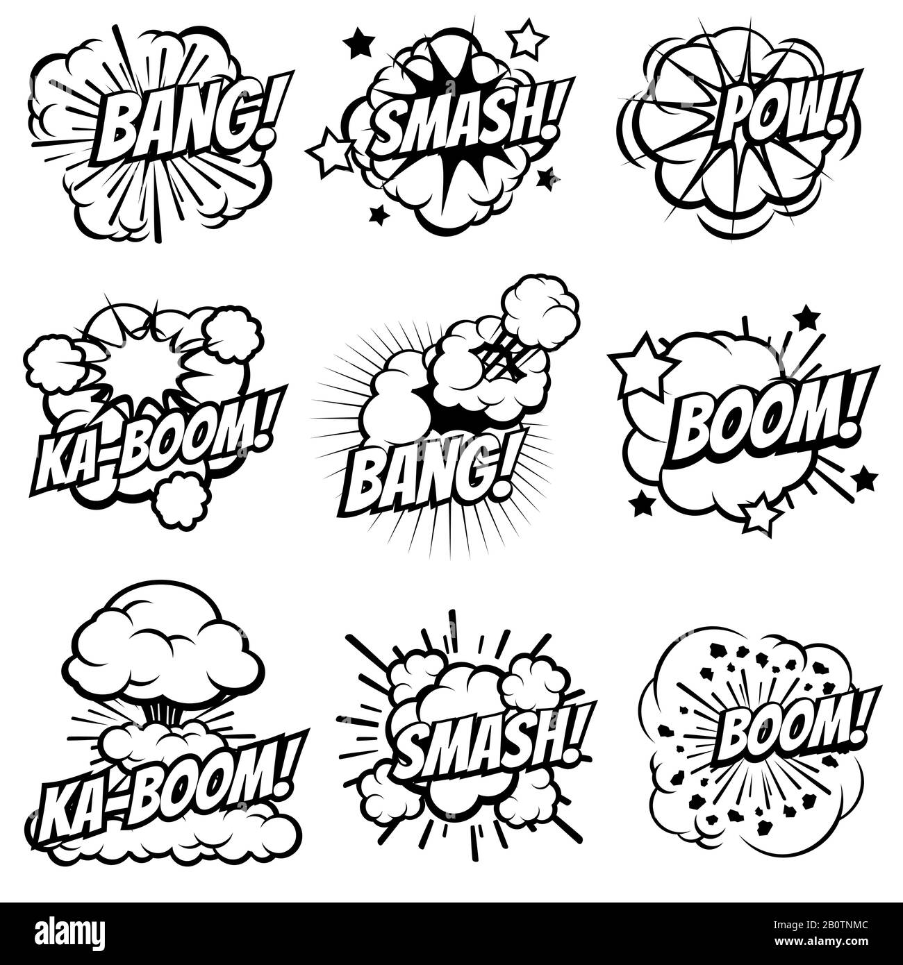 Cartoon explode Icons. Comic-Explosion-Blasen. Pop Art Big Bang und Boom Smoke Clouds Vector Set. Blast Cloud Smoke, Comic Explosion Knall und Boom Illustration Stock Vektor