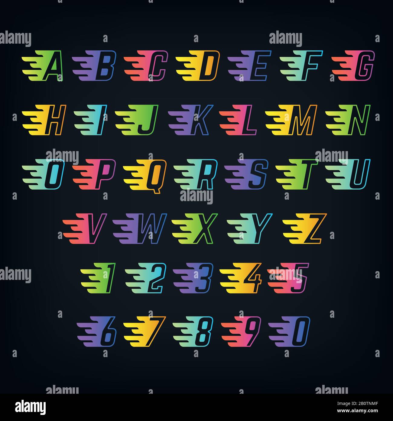 Energiefarbenalphabet. Buchstaben mit Geschwindigkeitslinien. Graffiti- oder Sportvektorschrift. Alphabet mit Geschwindigkeitseffekt, Beschriftung alphabetische Abbildung Stock Vektor