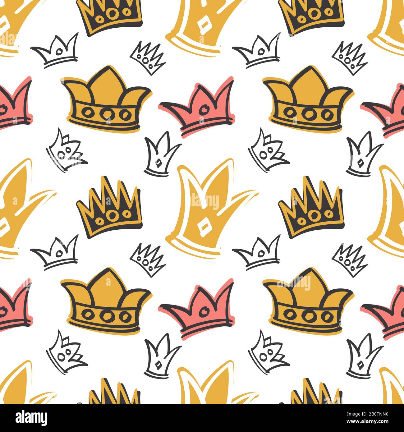 Niedlicher Prinzengeburtstag Vektor nahtloses Muster mit pinkfarbenen und goldenen Kronen. Hintergrund mit majestätischer Darstellung der Kronenkönigin Stock Vektor