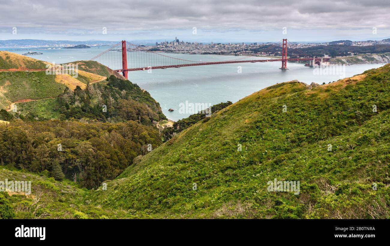 Niedrige Wolken rollten über die Golden Gate Bridge und ließen das Wasser an einem kühlen frühen Mainachmittag aqua aussehen. Stockfoto