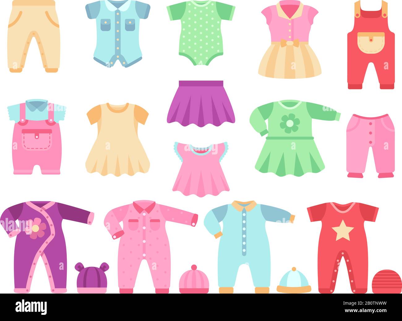 Buntes Baby Mädchen Kleidung Vektor Set. Stoff für kleine Mädchen Babyillustration Stock Vektor