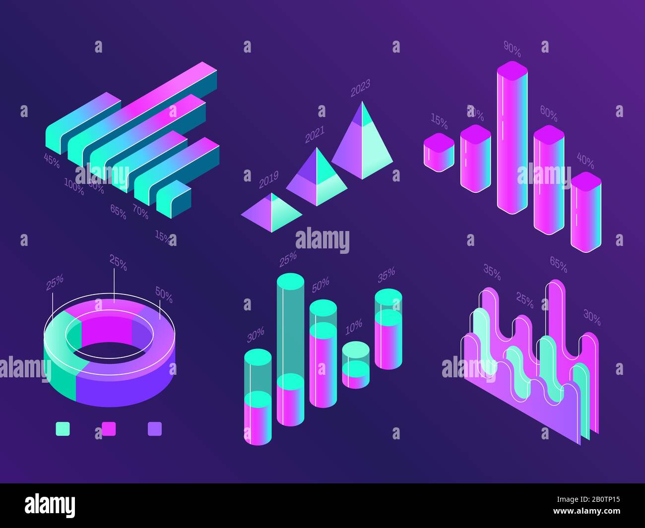 Infografik zum modernen isometrischen Geschäft. Prozentuale Diagramme, Statistikspalten und Diagramme. Vektor-Satz für Daten-3d-Präsentationsdiagramme Stock Vektor