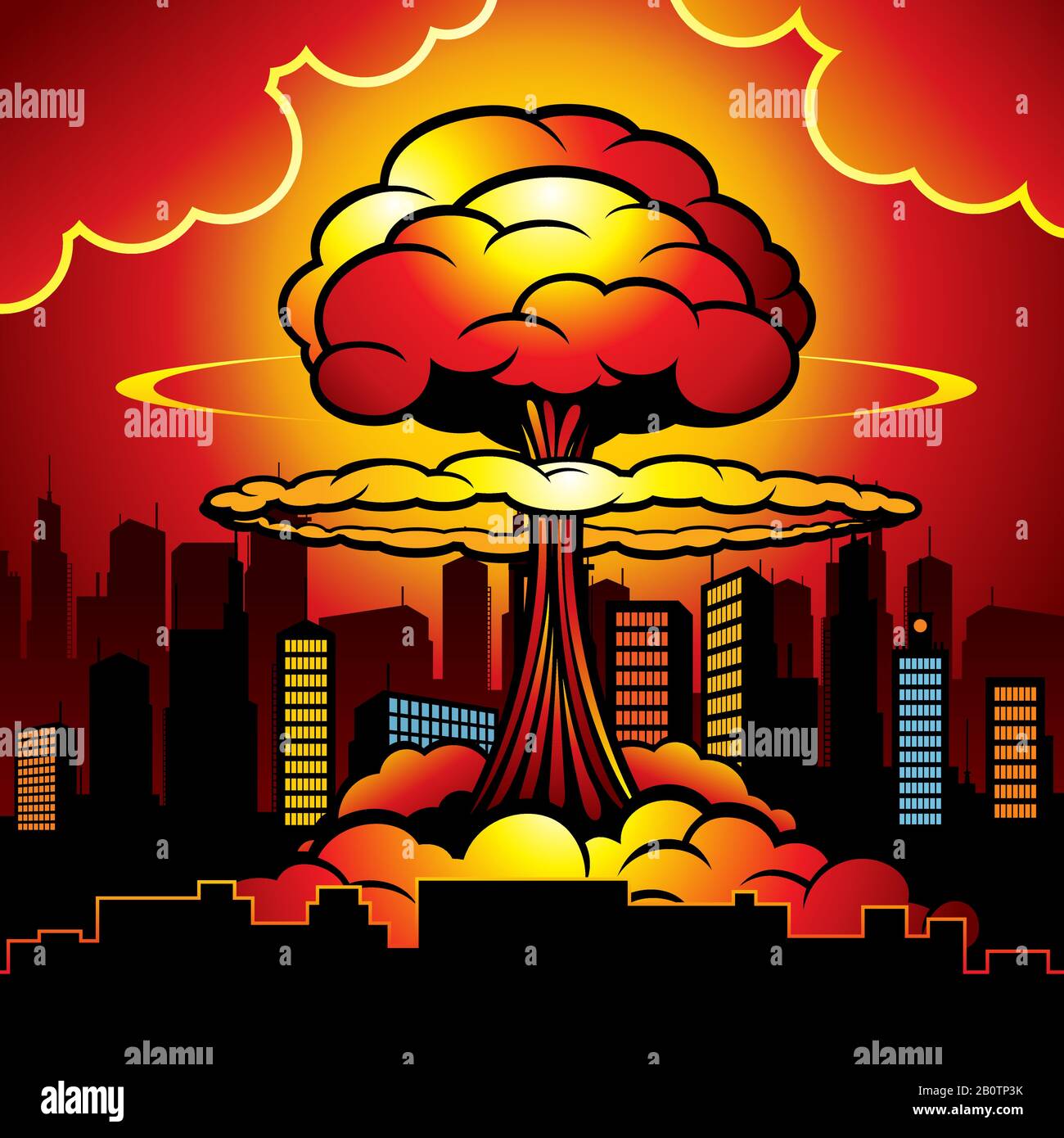 Brennende Stadt mit Atomexplosion der Atombombe. Cartoon-Vektor-Illustration. Atombombenzerstörung, nukleare radioaktive Energie Stock Vektor
