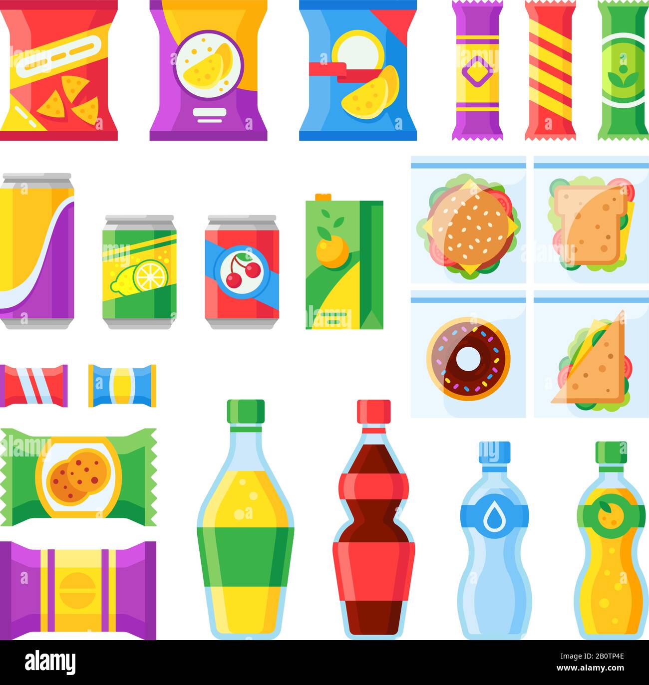 Verkaufsartikel. Snacks, Pommes, Sandwich und Getränke für die Automatenbar des Anbieters. Kalte Getränke und Snacks in Kunststoff-Verpackung Vektorsymbole Stock Vektor