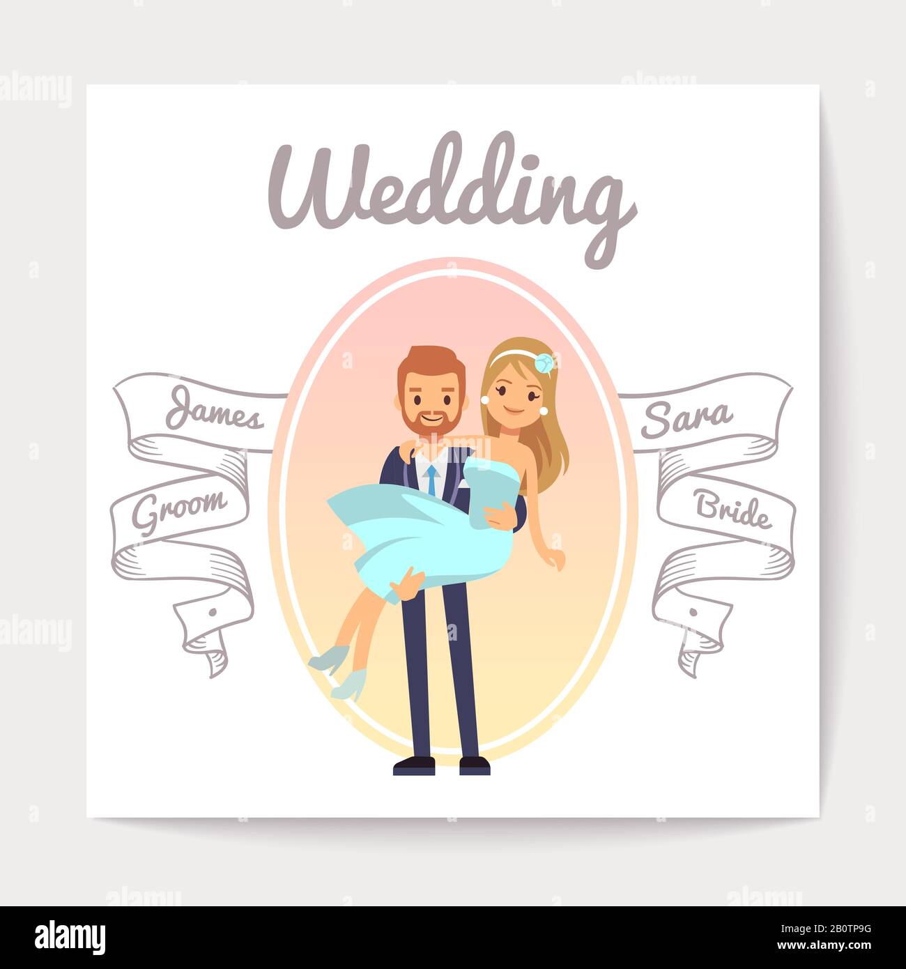 Vintage Hochzeit Einladung Karte Vektor Vorlage mit glücklichen Paaren. Einladung zur Hochzeit mit Foto Paar Brautpaar und Bräu-Illustration Stock Vektor