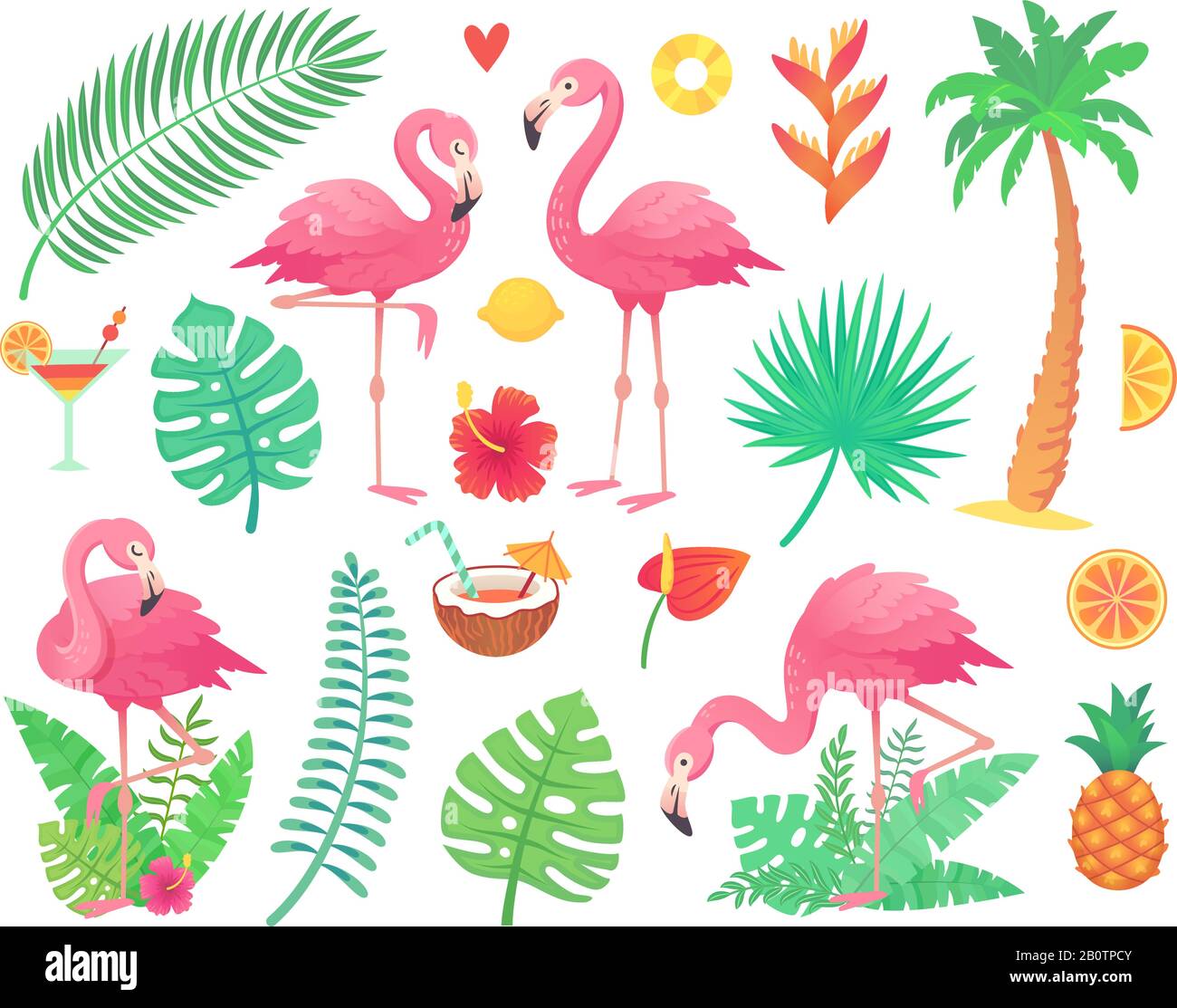 Rosa Flamingo und tropische Pflanzen. Strandpalme, afrikanische Pflanzenblätter, Regenwaldblume, Tropikpalmenblatt und rosiger Flamingos-Vektor-Satz Stock Vektor