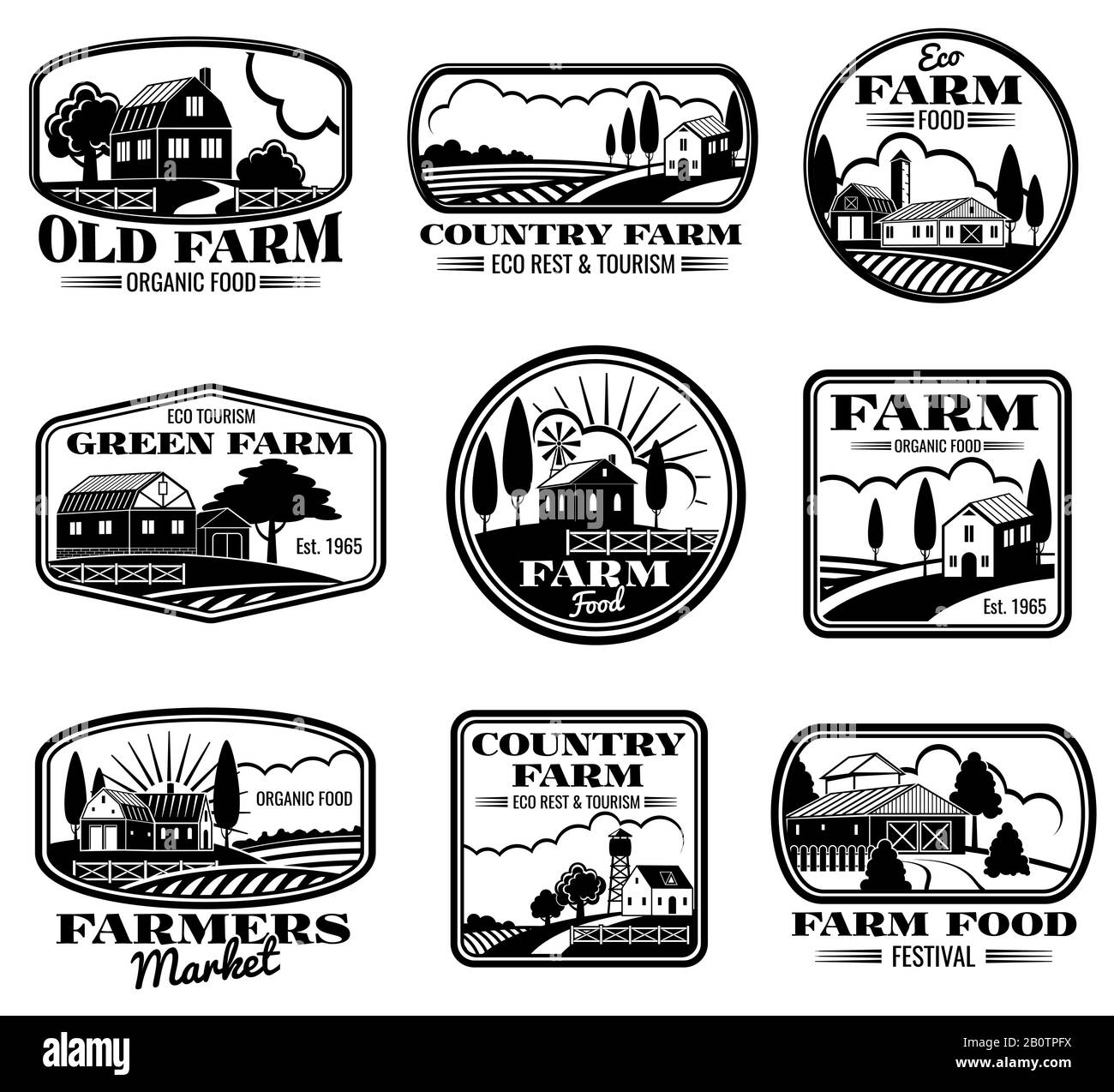 Vektor-Logos und Beschriftungen für Vintage-Farm-Marketing. Abbildung der Produktion von Öko Farm und Land Farm Stock Vektor