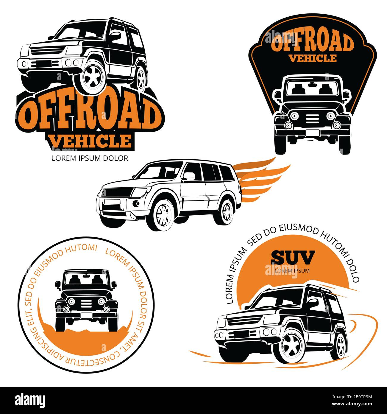 Geleite Fahrzeugetiketten oder Logos werden isoliert auf weißem Hintergrund angebracht. Symbol Vector Vehicle Emblem, Automobilabbildung Stock Vektor