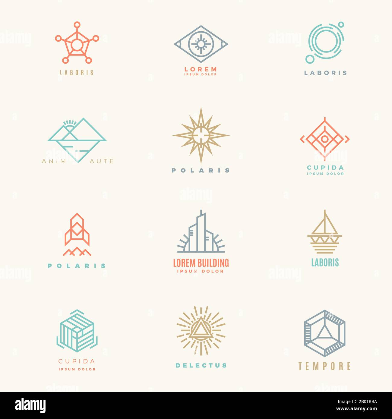 Minimaler Logo-Satz mit geometrischen Vintage-Farben. Vektor der Vorlagensymbole lineare Abbildung Stock Vektor