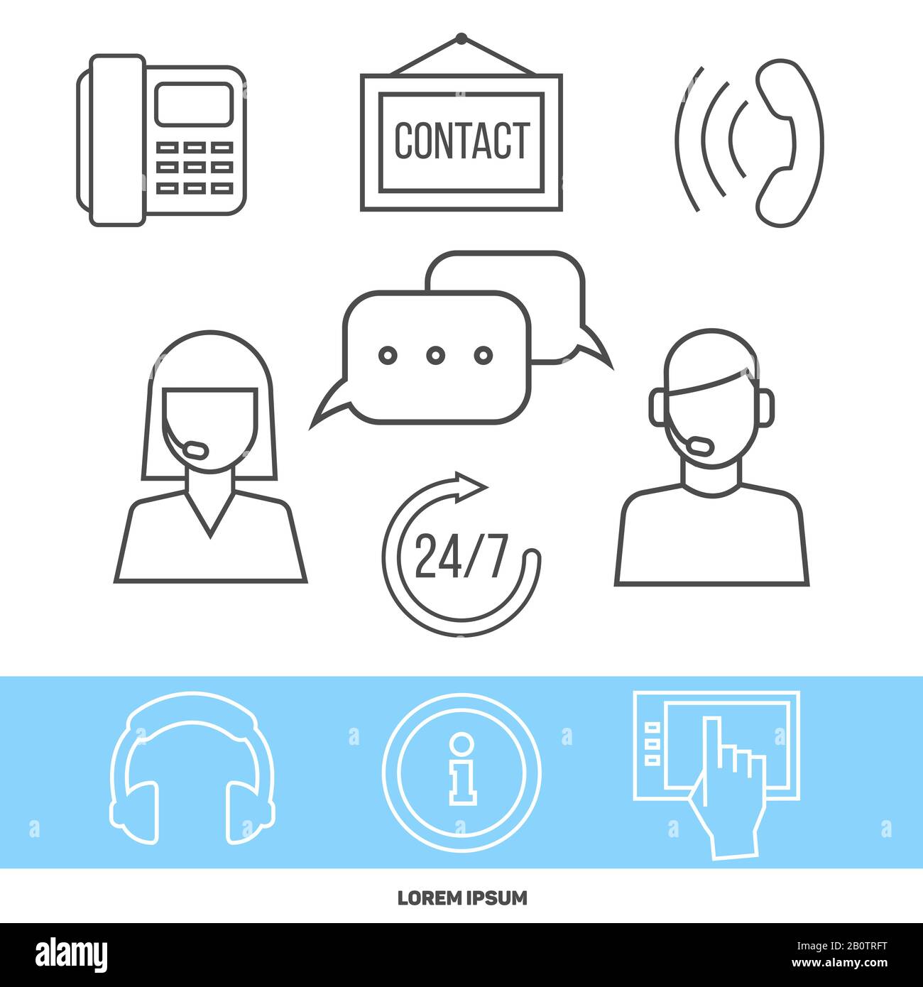 Contact Center- oder Online-Support-Konzept mit Liniensymbolen. Hilfe, online für Kunden, Vektordarstellung Stock Vektor