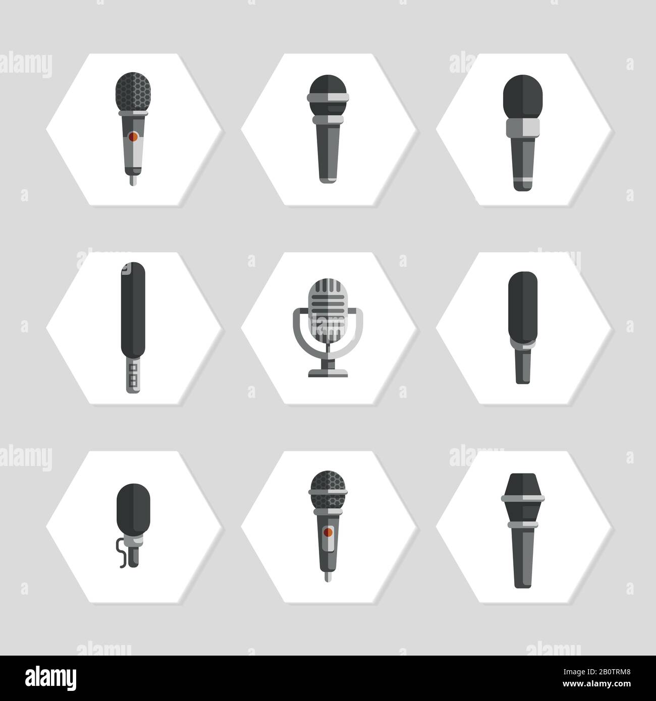 Mikrofon-Symbole - Symbole für flache Mikrofone festgelegt. Kollektion mit Vintage-Retro-Mikrofon. Vektorgrafiken Stock Vektor