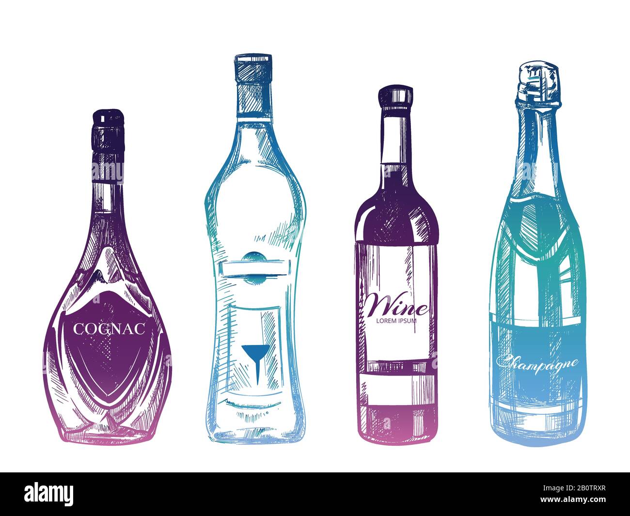 Bunte handgezogene Alkoholgetränke isoliert auf weißem Hintergrund. Glas Flaschenfarbe. Vektorgrafiken Stock Vektor