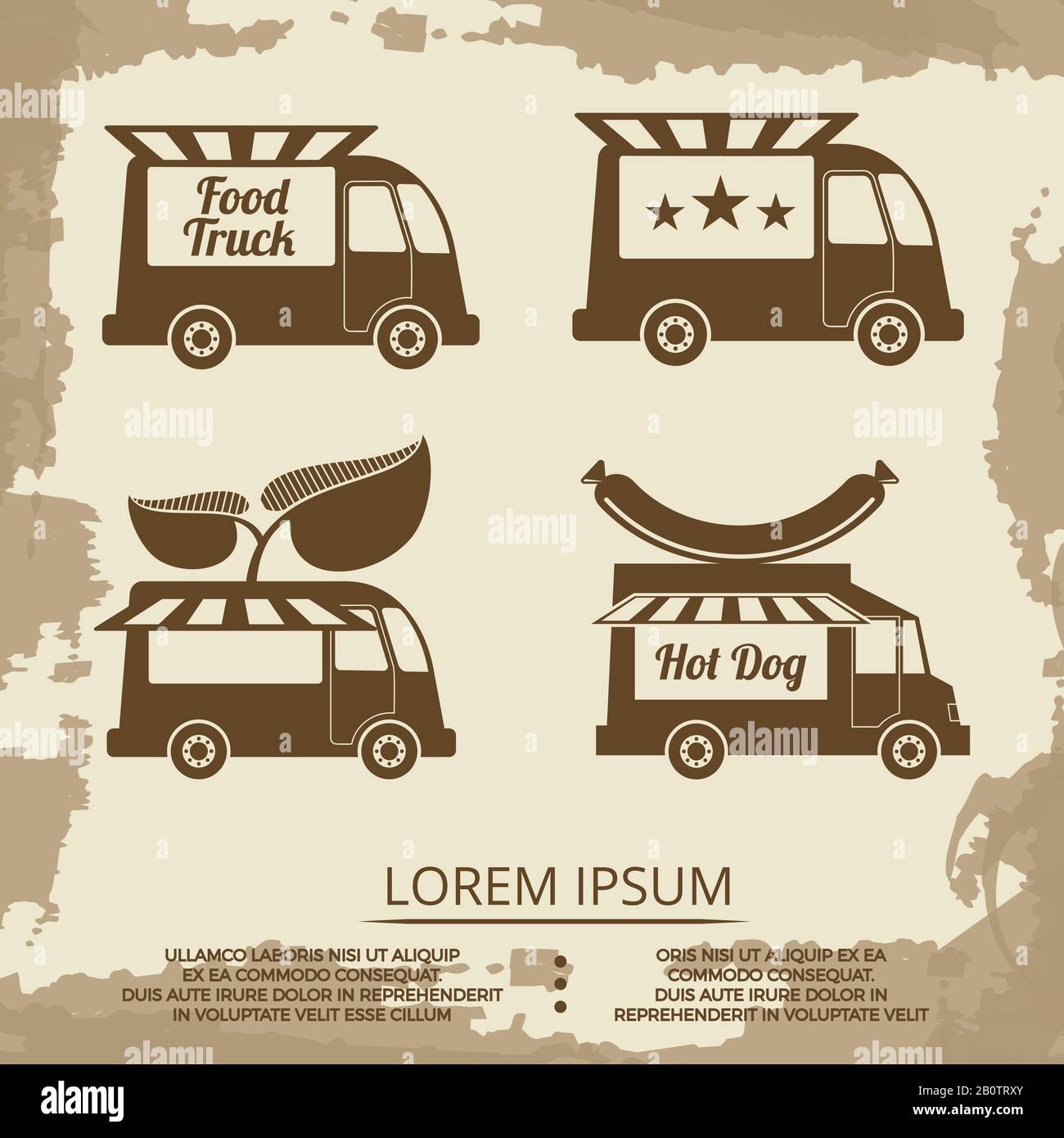 Food Trucks Set - Vintage-Poster mit Essenswagen mit Wurst und Stern. Vektorgrafiken Stock Vektor
