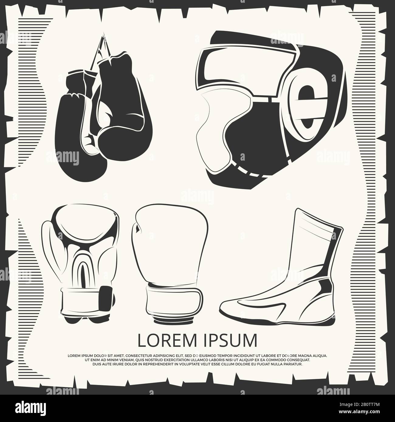 Sportplakat mit Boxoutfit - Helm, Handschuhe und Schuhe. Vektorgrafiken Stock Vektor