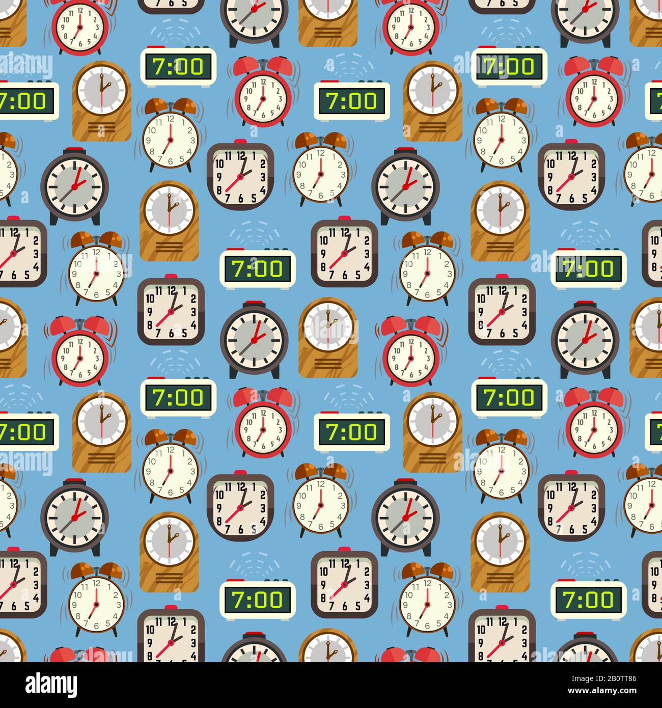 Nahtloses Muster mit farbenfrohen Weckern auf blauer Kulisse. Hintergrund mit Uhr. Vektorgrafiken Stock Vektor