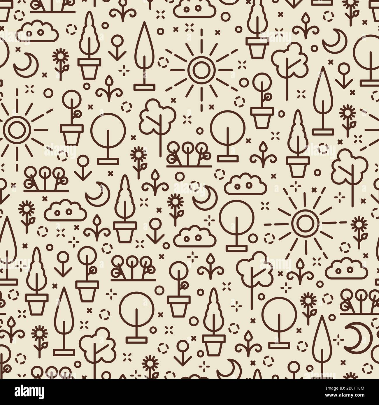 Linienkunst Natur nahtloses Muster - nahtlose Textur mit Baum, Blumen, Sonne und Mond. Vektorgrafiken Stock Vektor