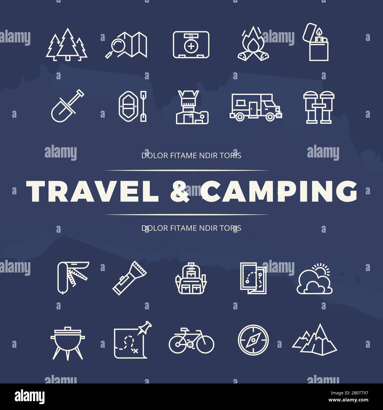 Symbole für Reise- und Campinglinien auf blauer Grunge-Kulisse. Vektorgrafiken Stock Vektor