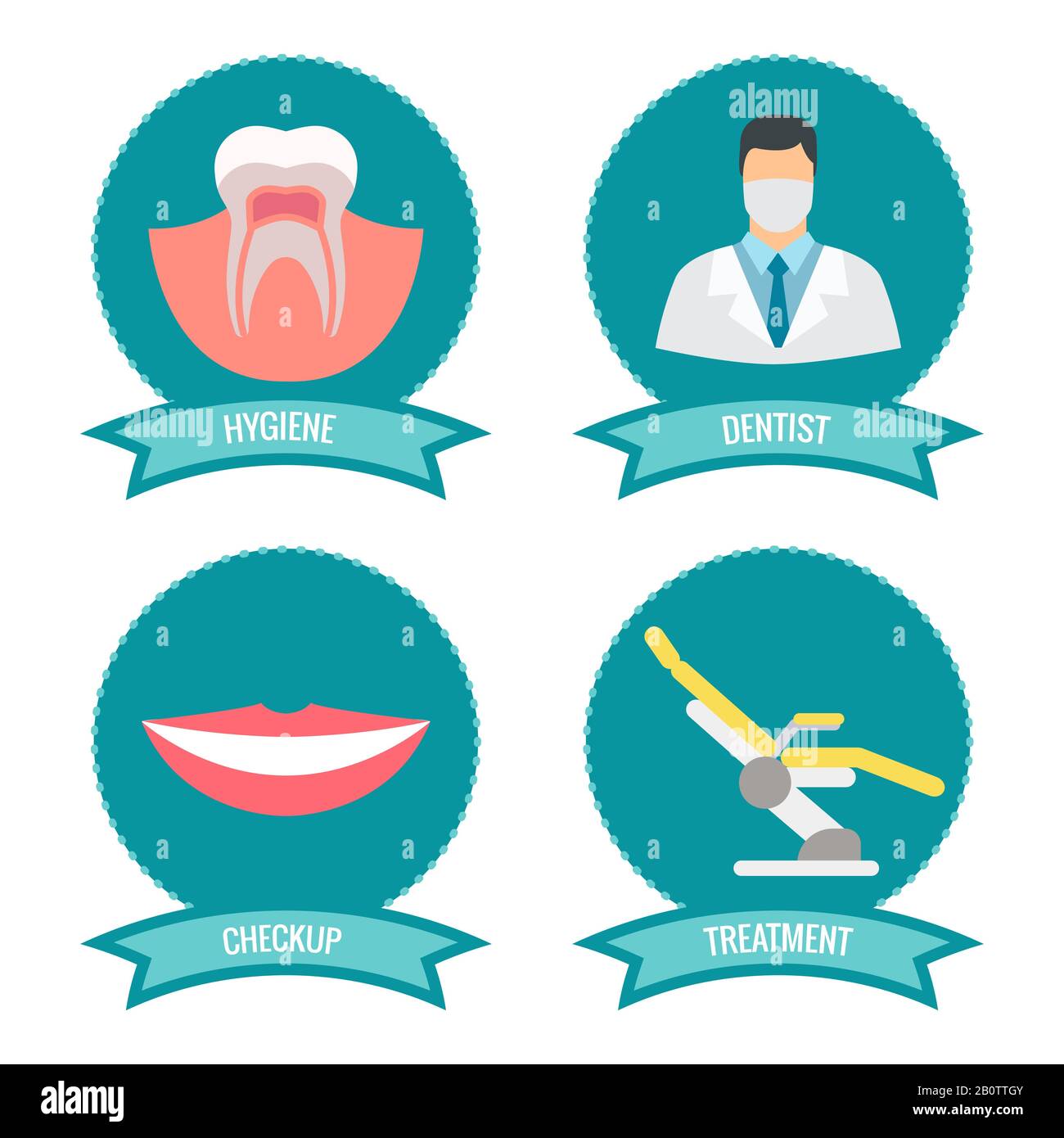 Dental-Ikonen mit Arzt, Lächeln, Zähnen und Heilstuhl. Symbol für Implantat-Zähne, Vektordarstellung Stock Vektor