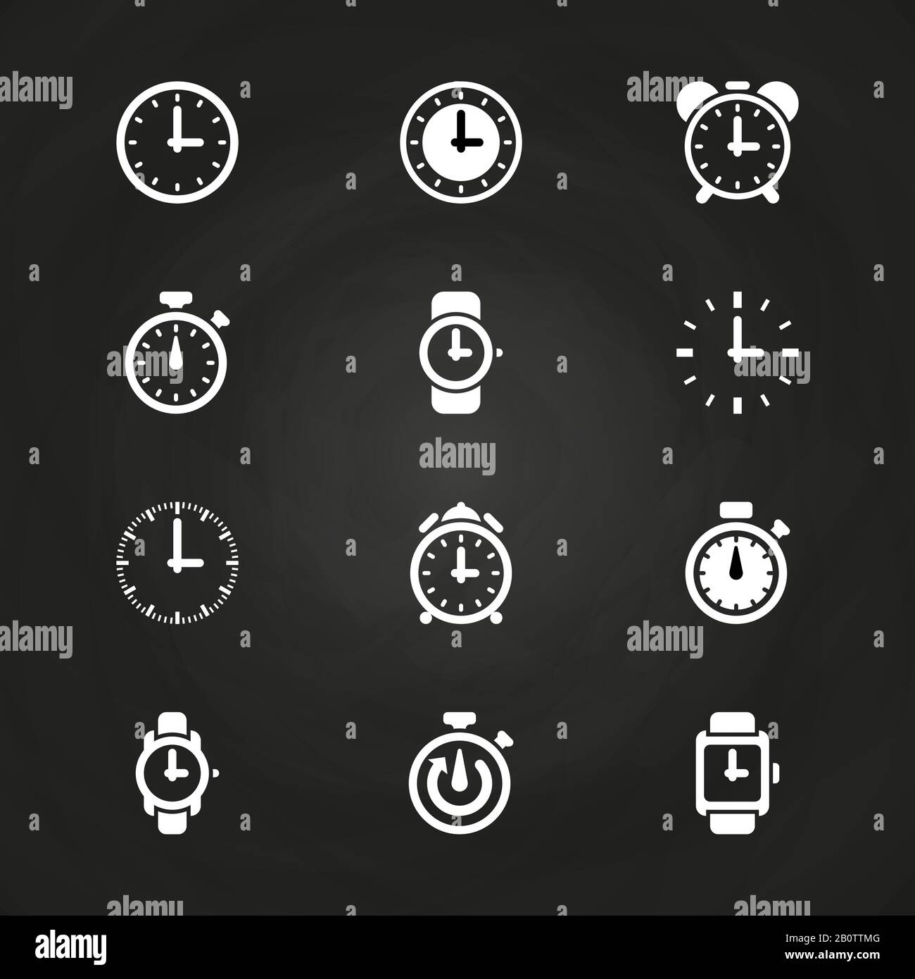 Uhrzeit- und Zeitsymbole auf der Tafel. Weiße Uhrensammlung, Vektorgrafiken Stock Vektor