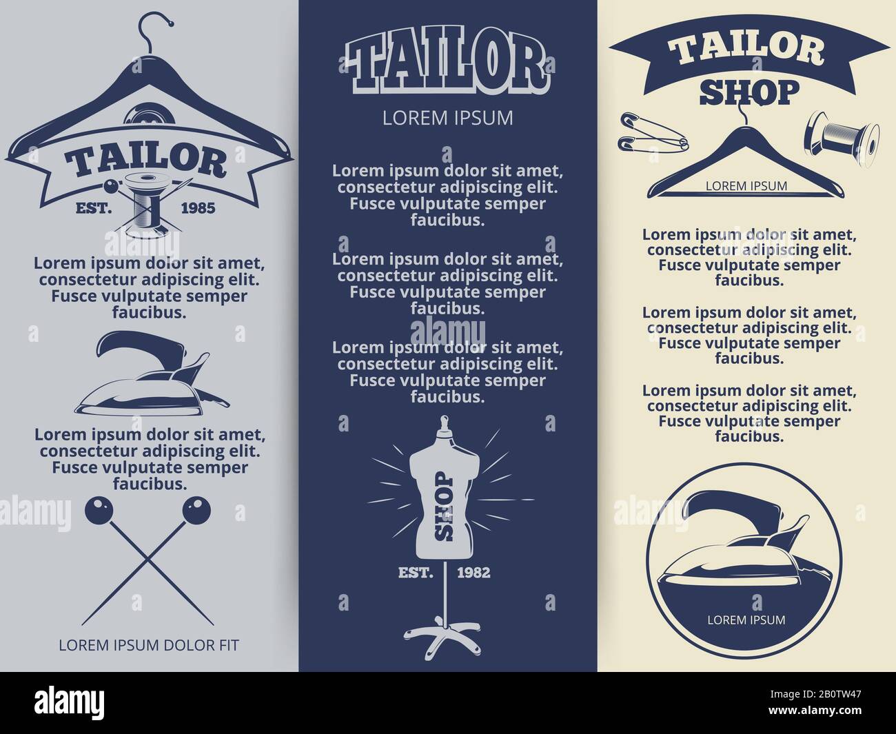 Vintage Tailor Shop Flyers Vorlage Design. Modeplakat. Vektorgrafiken Stock Vektor
