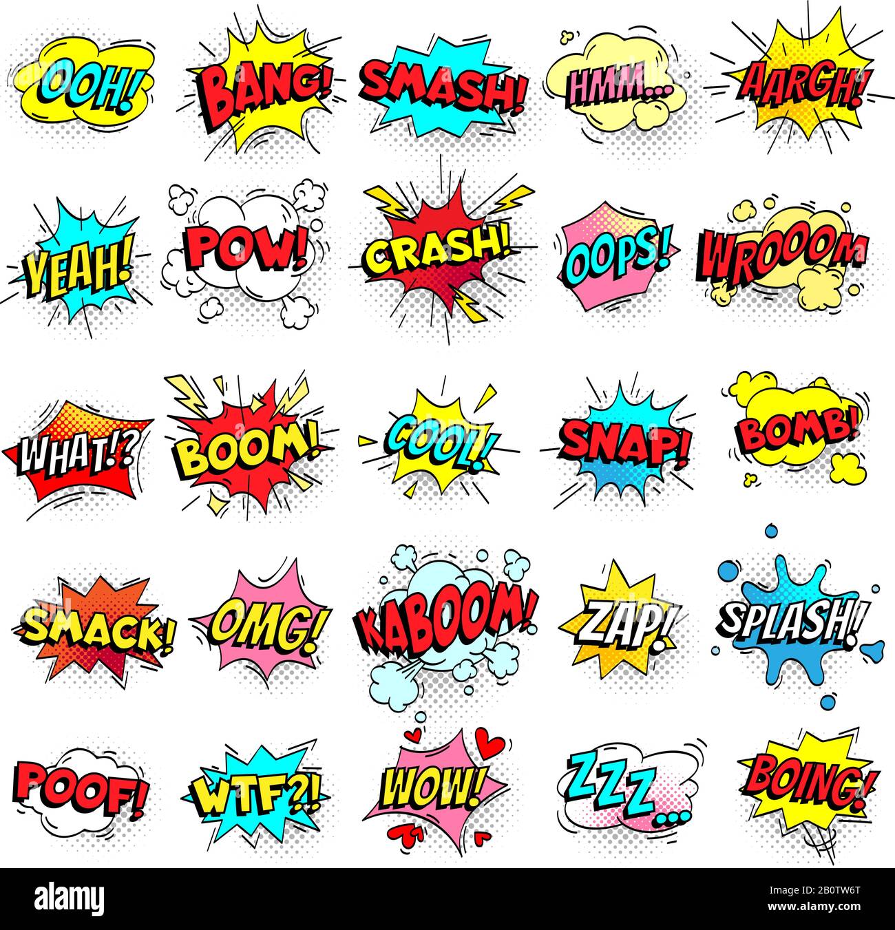 Ausrufeschreiben von komischen Zeichen auf Sprechblasen. Cartoon-Crash, Pow, Bombe, Wham, Oops und cooler Comic-Zeichensatz Stock Vektor