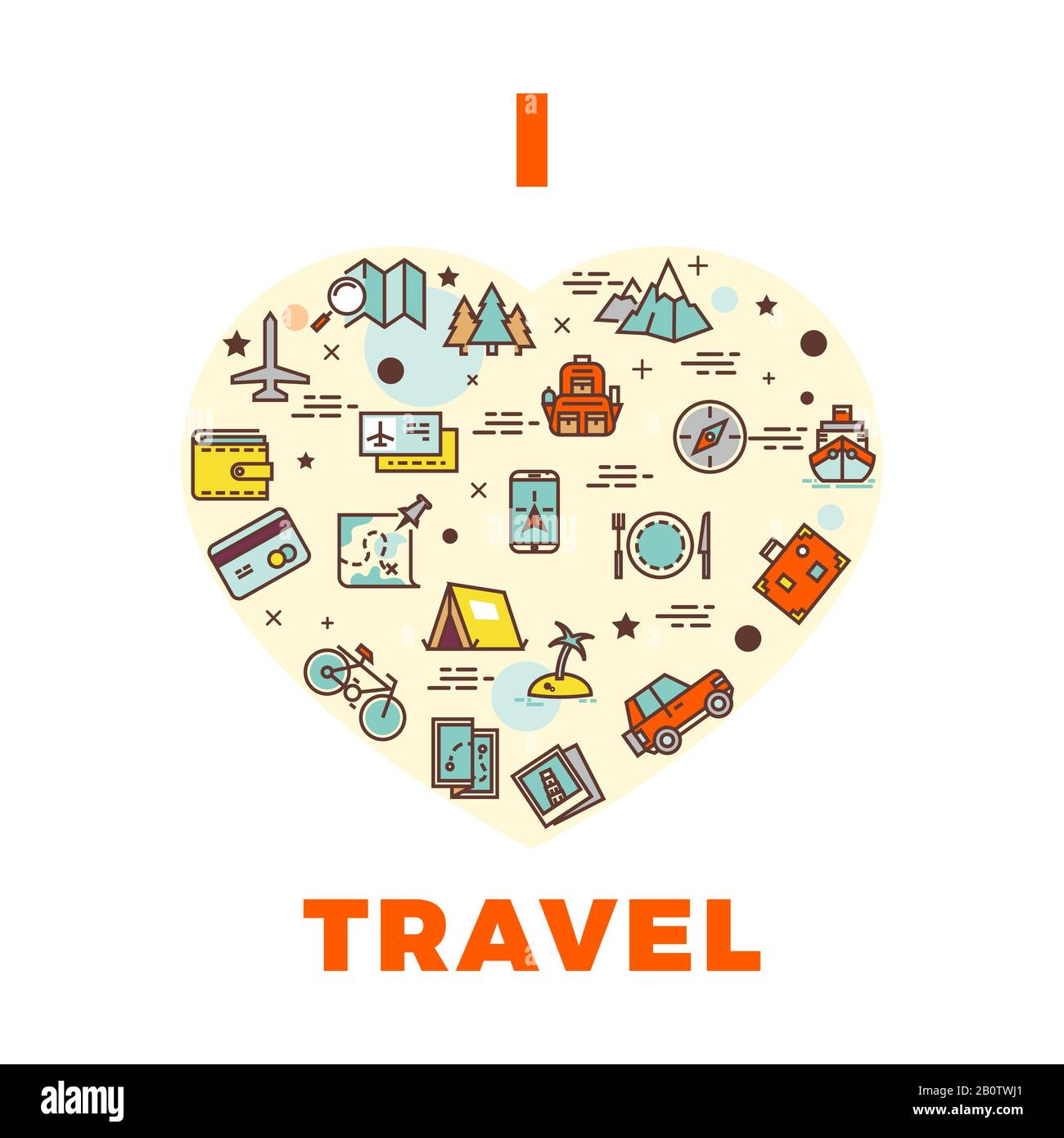 Reiseplakat oder -Druck - ich liebe das Reise-Design mit Herzblut von Reisesymbolen. Illustration des Tourismus- und Urlaubssemblems Stock Vektor
