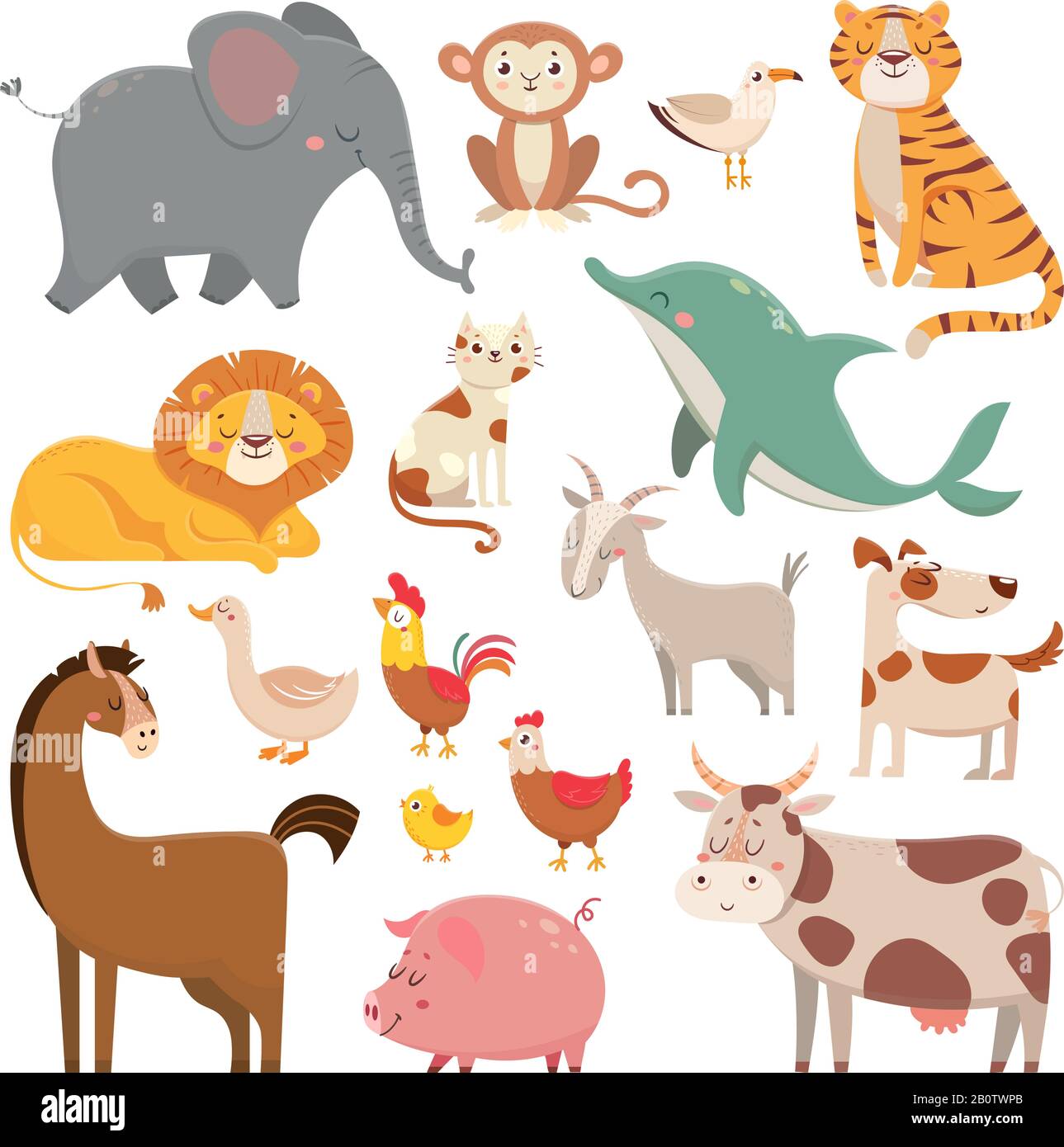 Kinderkarikoons Elefant, Möwe, Delphin, Wildtier. PET, Farm und Dschungel Tiere Vektor Cartoon Illustration Kollektion Stock Vektor
