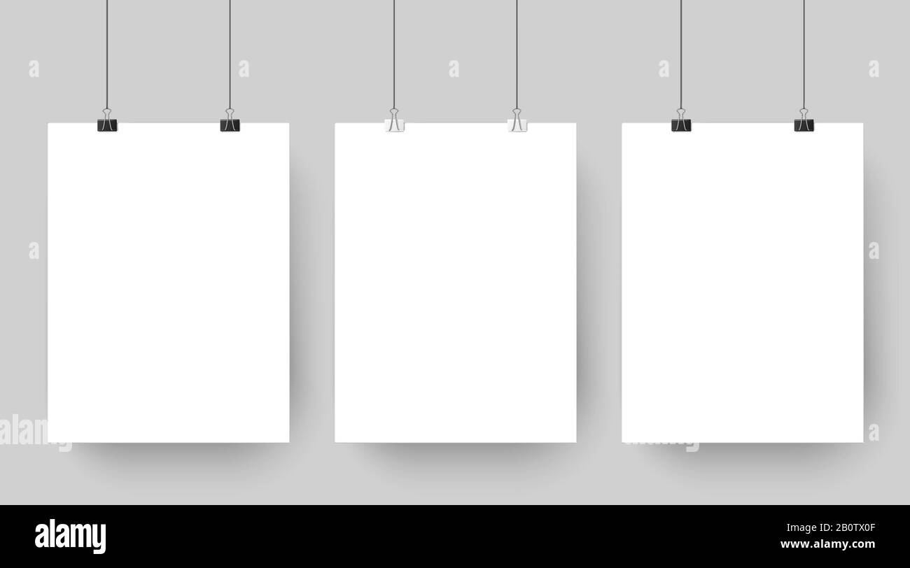 Leeres, an Büroklammern hängendes Affiche-Mockup. Weiße leere Werbeplakatvorlage wirft Schatten auf graue Hintergrundvektor-Illustration Stock Vektor
