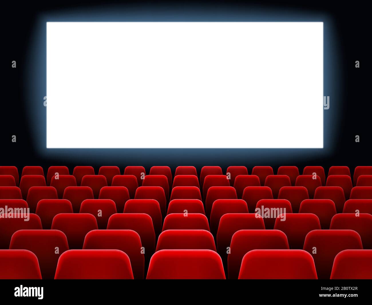 Kinopremiere im Kino. Cinema weiß leerer Bildschirm im Inneren des Kinosaals mit leeren Sitzen Vektorhintergrund Stock Vektor