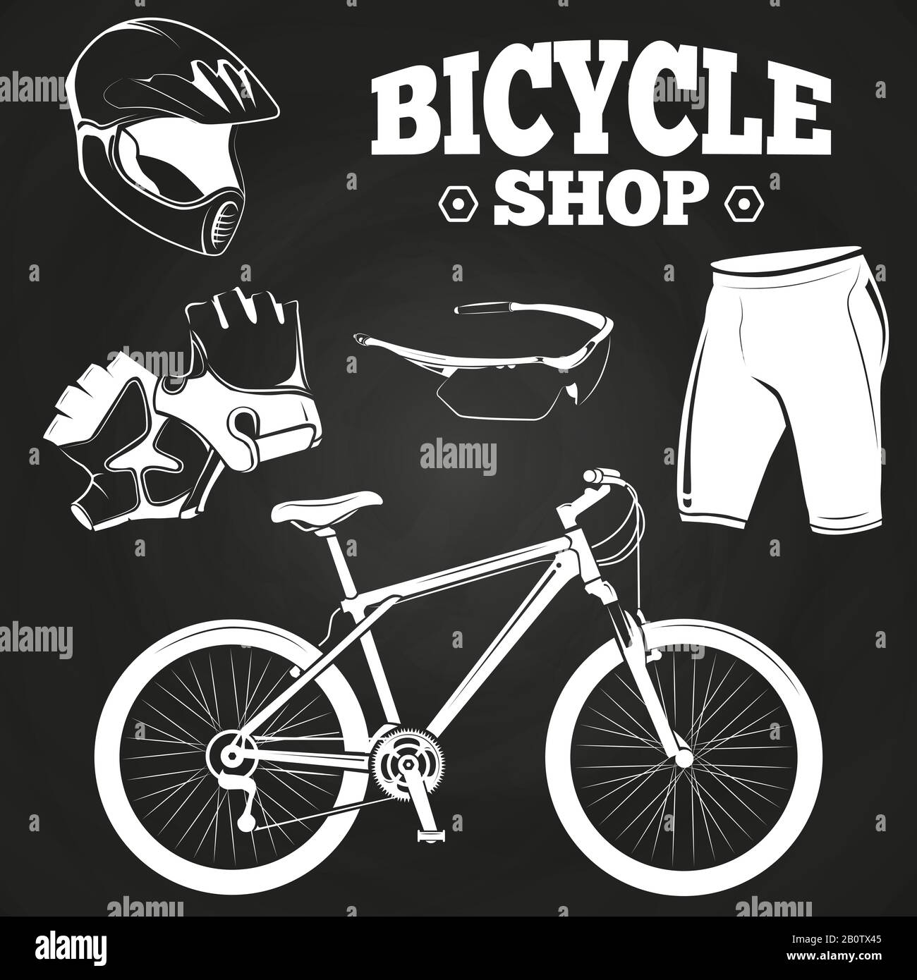 Fahrradshop Produkte auf Tafel - Helm, Fahrrad, Handschuhe. Vektorgrafiken Stock Vektor