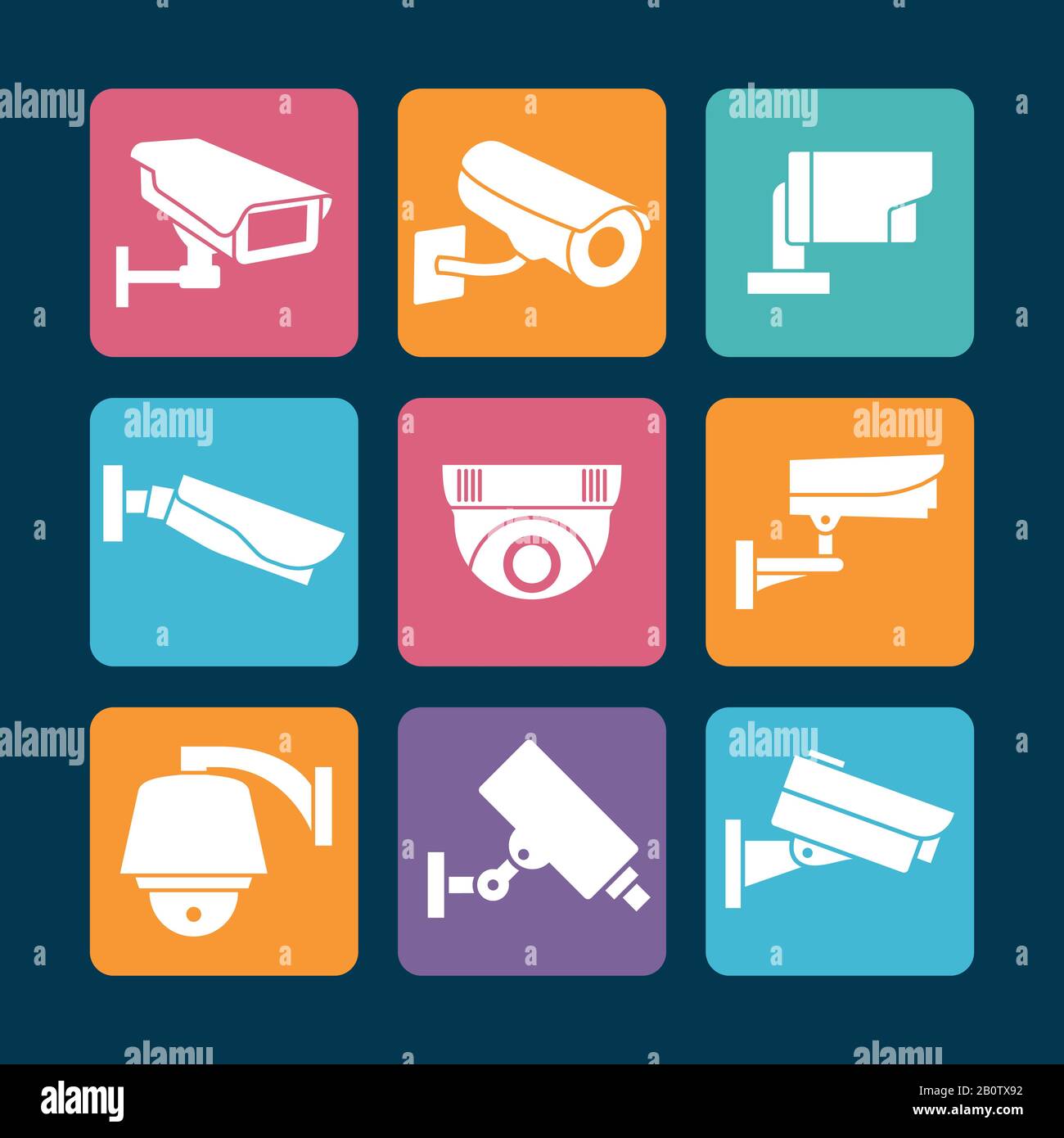 Sicherheitskameras weiße Symbole auf farbenfroher Kulisse. Kamerasicherheitssymbol, Vektorgrafiken Stock Vektor