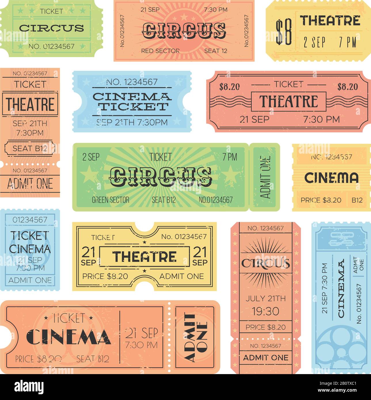 Im Theater oder Kino gibt man Karten, Zirkuscoupons und alte Quittung. Designvorlage für Vektordesign für die Erfassung von Retro Tickets Stock Vektor