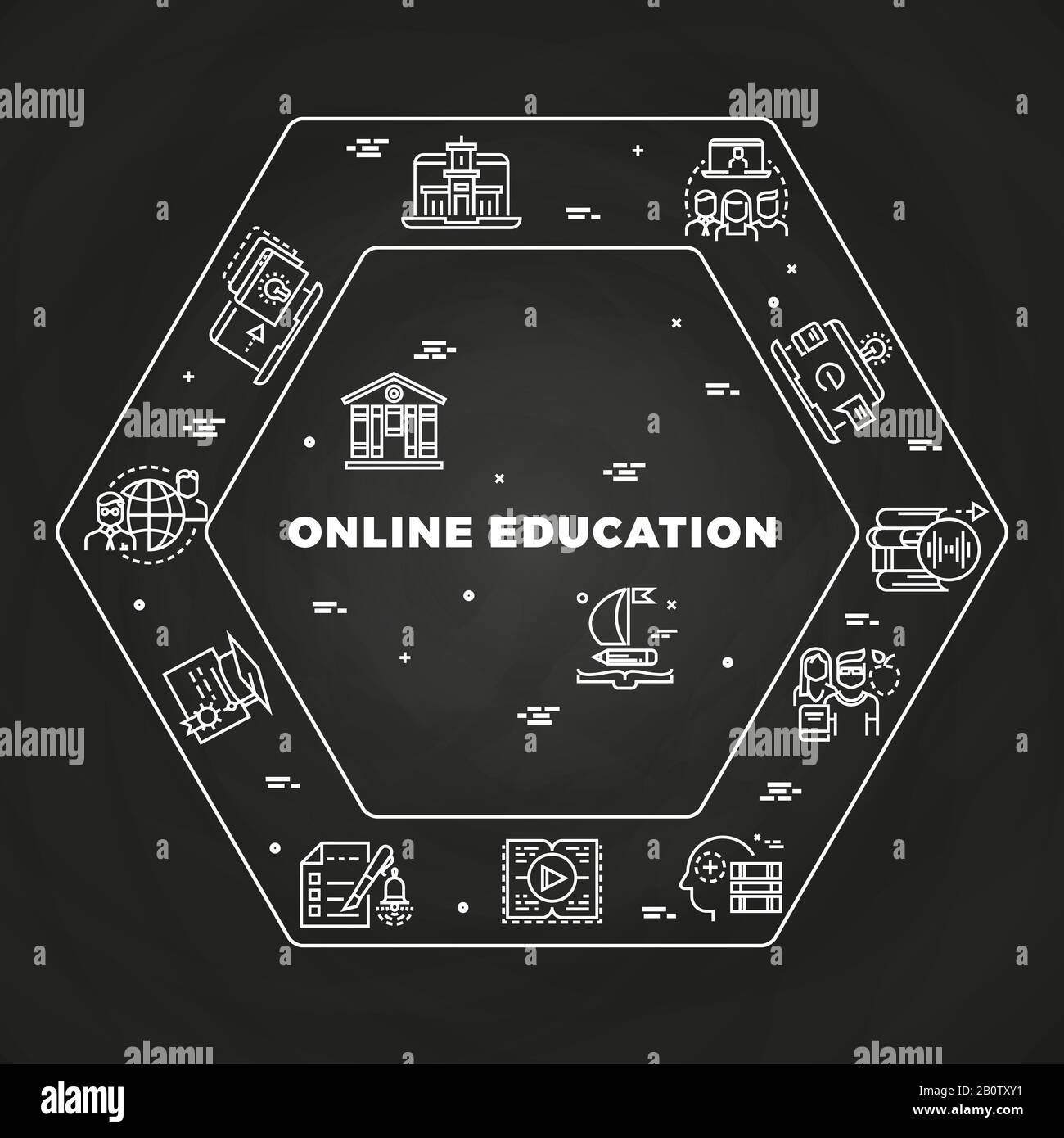 Online-Bildungslinie Kunstkonzept auf der Tafel. Studienvektor für Bildungsabbildung Stock Vektor