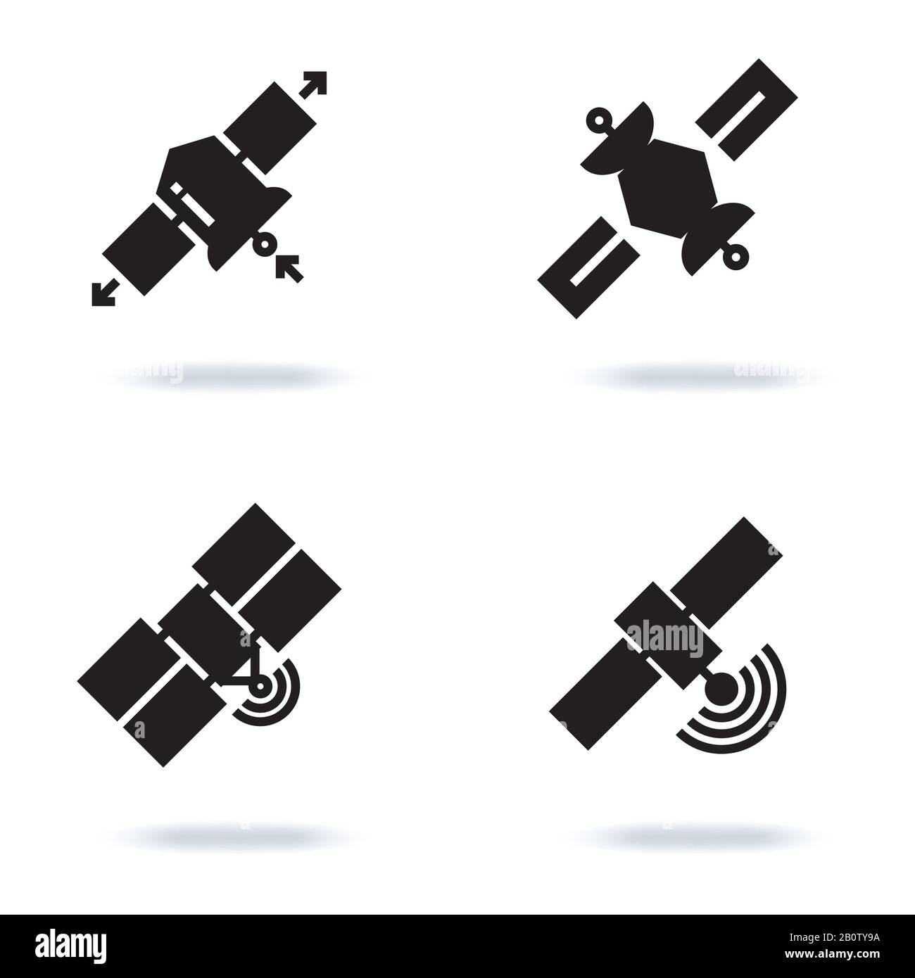 Symbole für die Satelliten- und Orbitkommunikation werden auf weißem Hintergrund isoliert. Vektorgrafiken für Technologieräume Stock Vektor