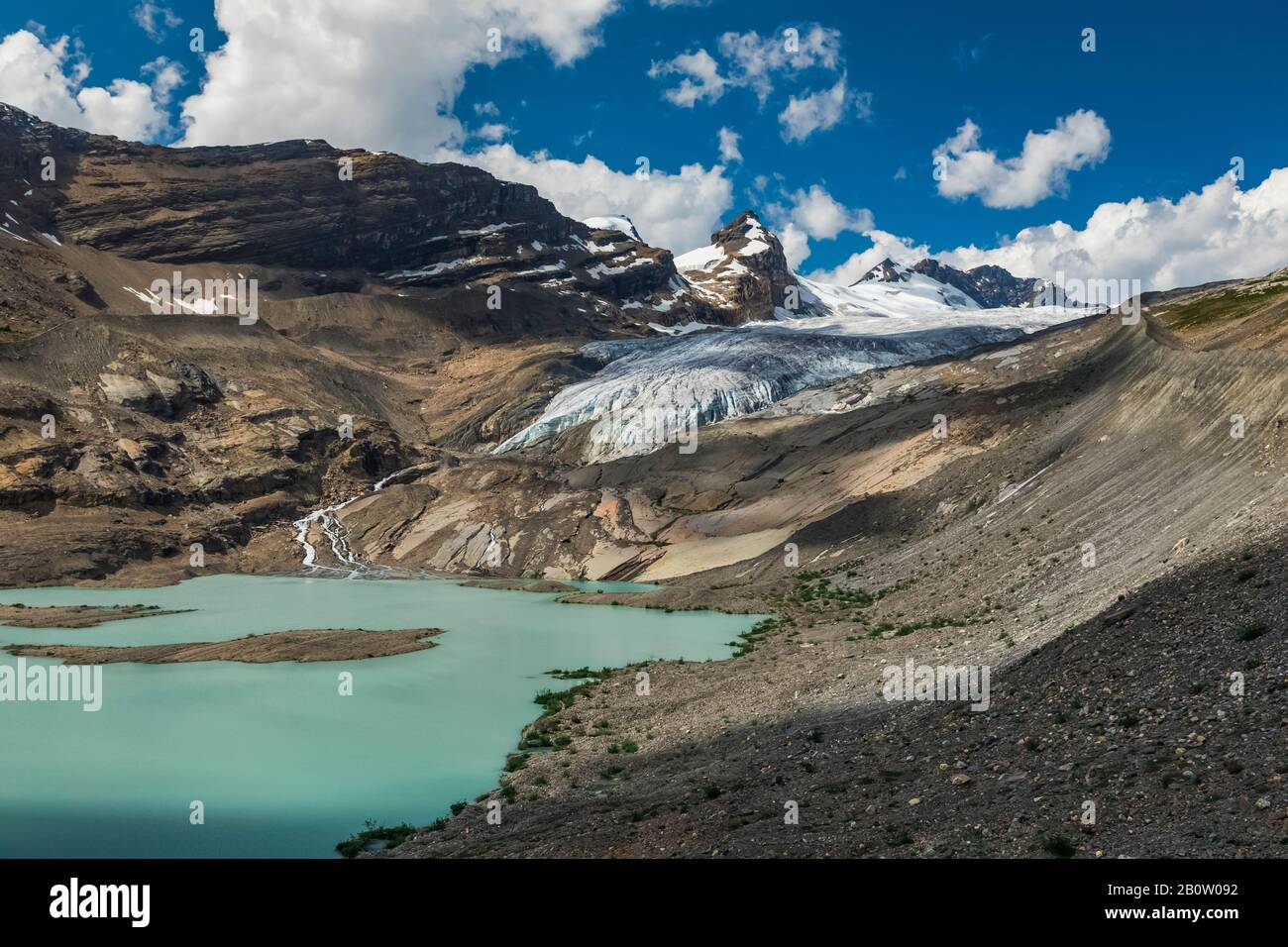 Hargreaves Lake unterhalb der Endstation des Hargreaves-Gletschers im Mount Robson Provincial Park, British Columbia, Kanada Stockfoto