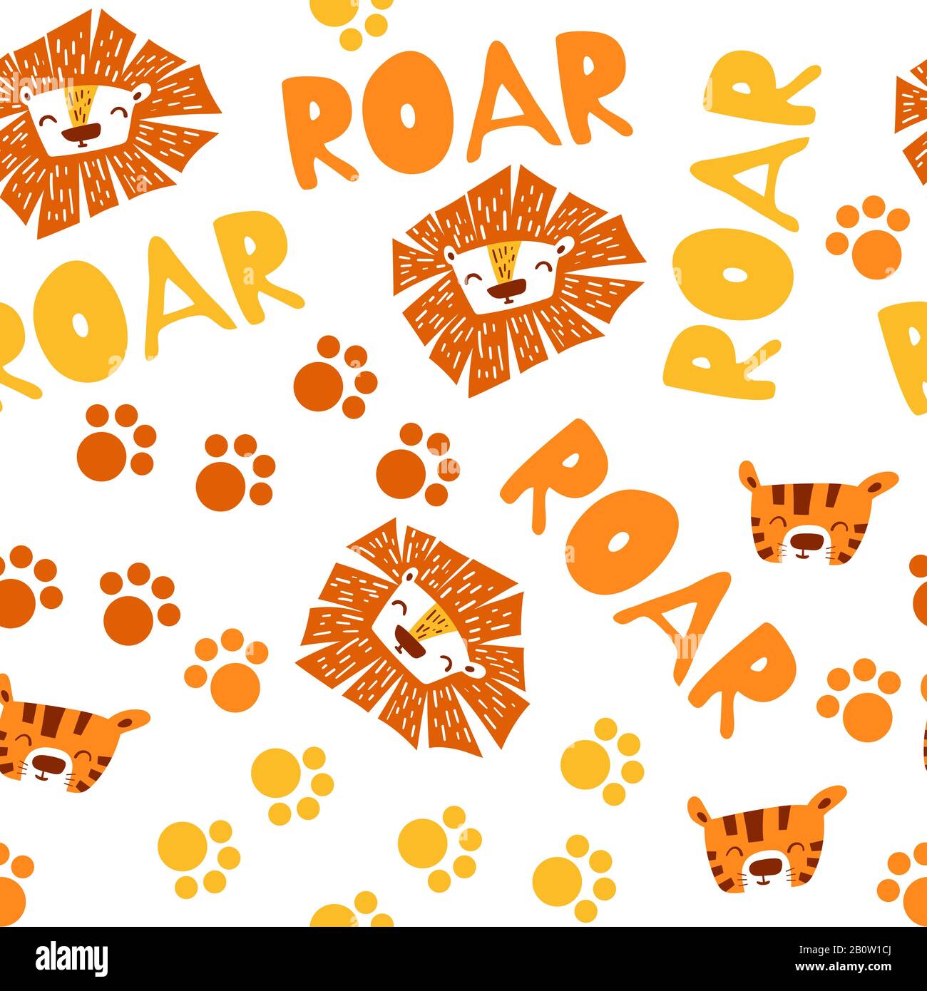 Nahtloses Muster mit niedlichen Löw- und Tiger-Gesichtern, isoliert auf weißem Hintergrund. Flache Vektorgrafiken. Stock Vektor
