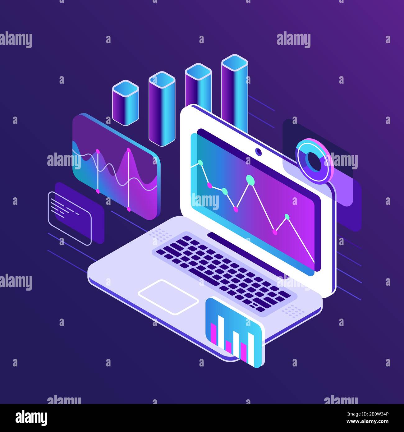 Analyse des Finanzmarktes isometrische 3D-Diagramme auf dem Business-Laptop. Analysebericht mit Vektorgrafiken für Infografiedaten Stock Vektor