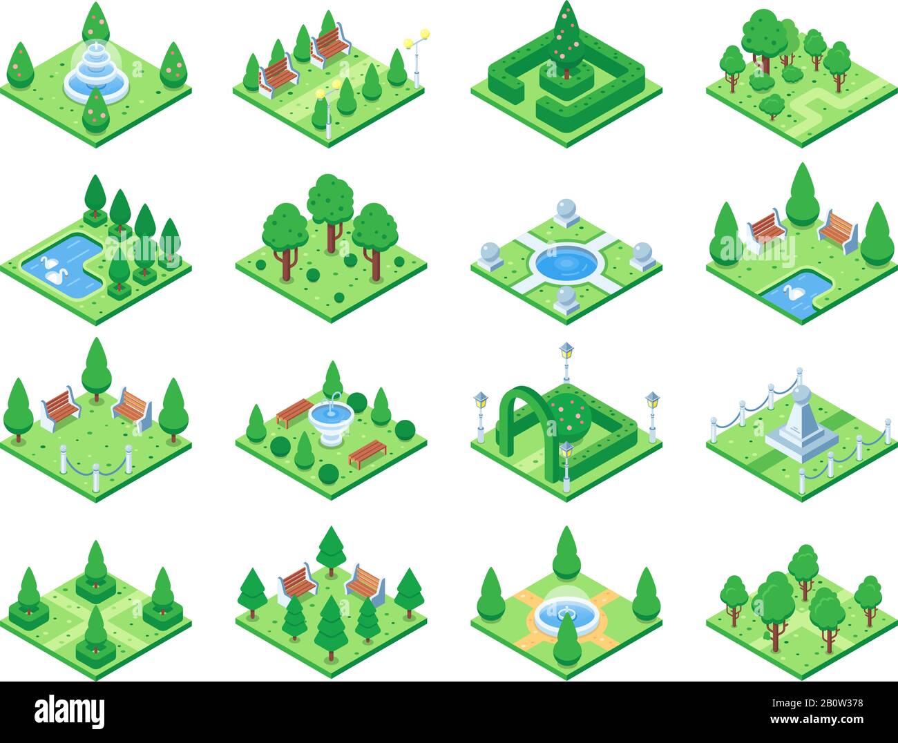 Isometrischer Grünpark oder Gartenbäume. Brunnen und Büsche, Bänke und Teich. 3D isometrische City-Map-Vektorelemente Stock Vektor