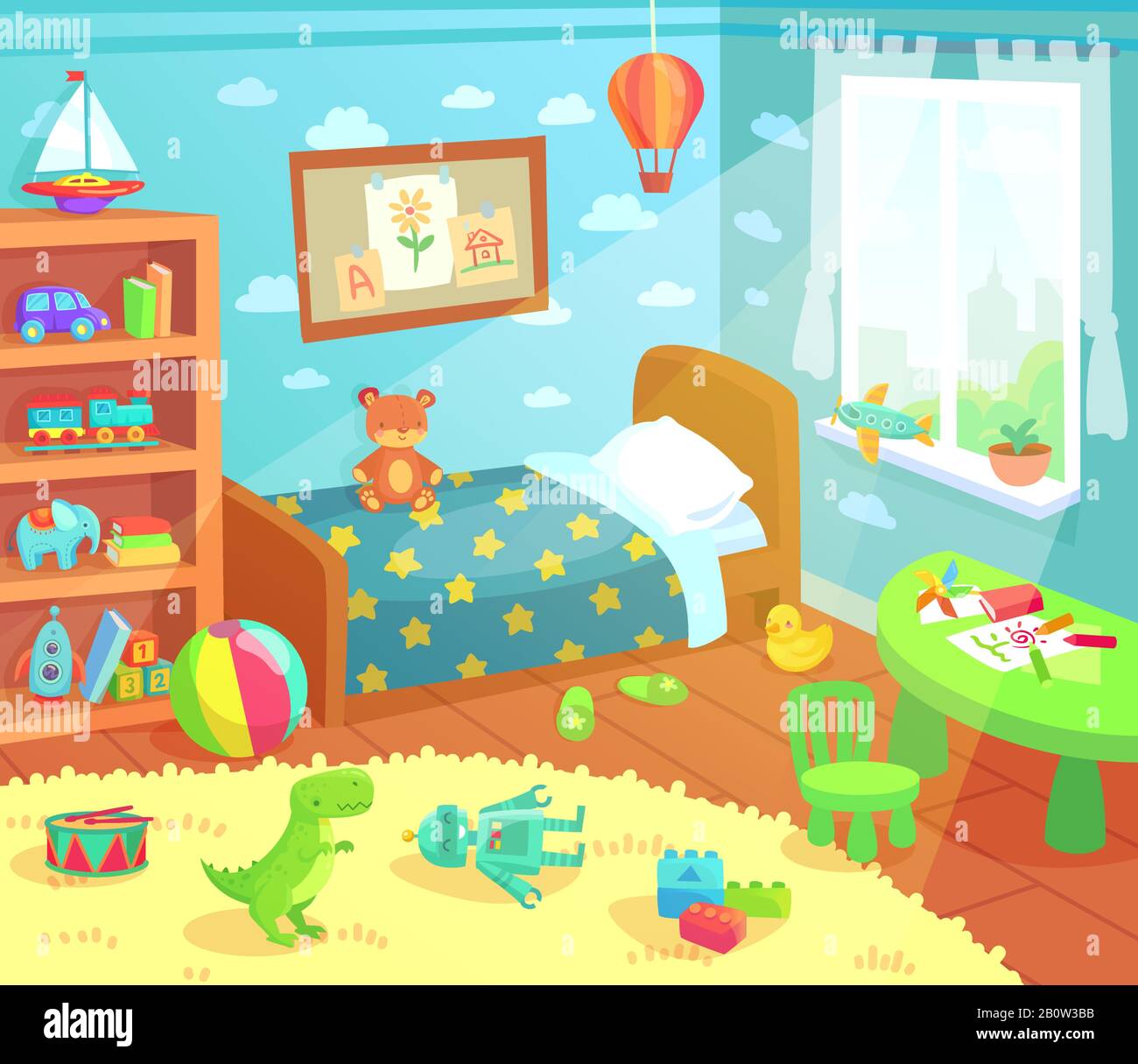 Cartoon Kinder Zimmer innen. Heim Kinderzimmer mit Kinderbett, Kinderspielzeug und Licht aus Fenstervektor-Illustration Stock Vektor