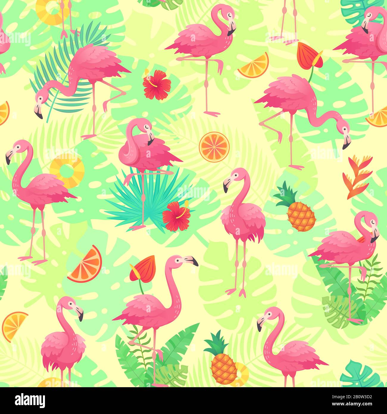 Exotische rosafarbene Flamingos, tropische Pflanzen und Dschungelblüten monstera und Palmblätter. Tropic Flamingo Cartoon nahtloses Vektor-Hintergrundmuster Stock Vektor
