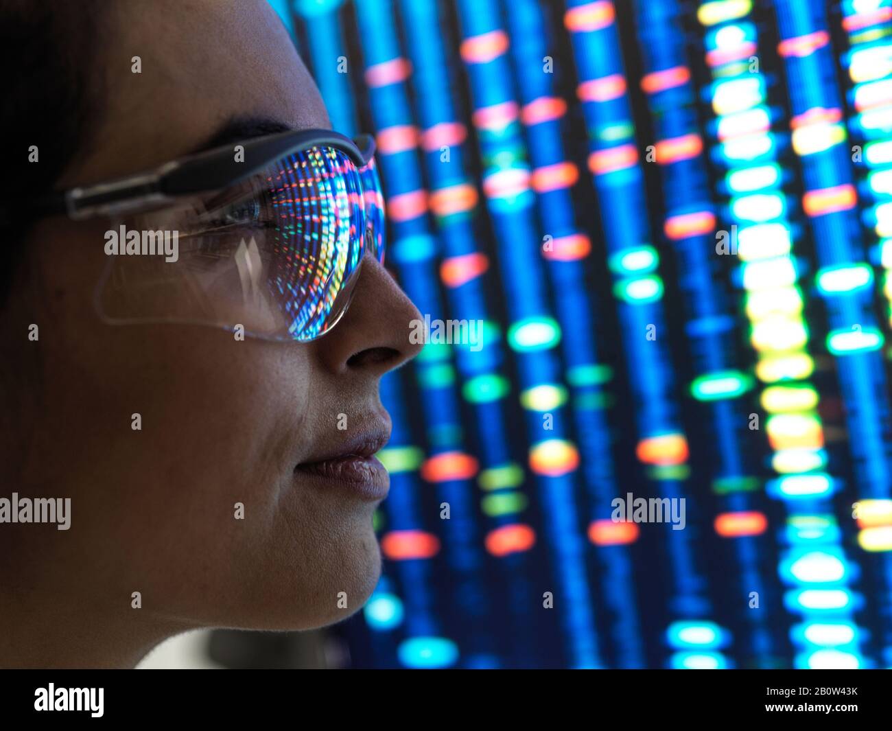 Genforschung, Wissenschaftlerin, die ein DNA-Profil einer menschlichen Probe auf einem Bildschirm im Labor betrachtet. Stockfoto