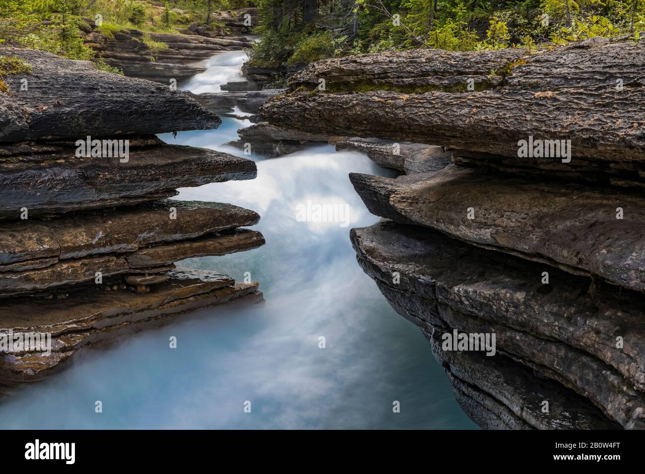 Toboggan Falls, eine Kaskade, die das Kalksteingestein schnitzt, im Mount Robson Provincial Park, British Columbia, Kanada Stockfoto